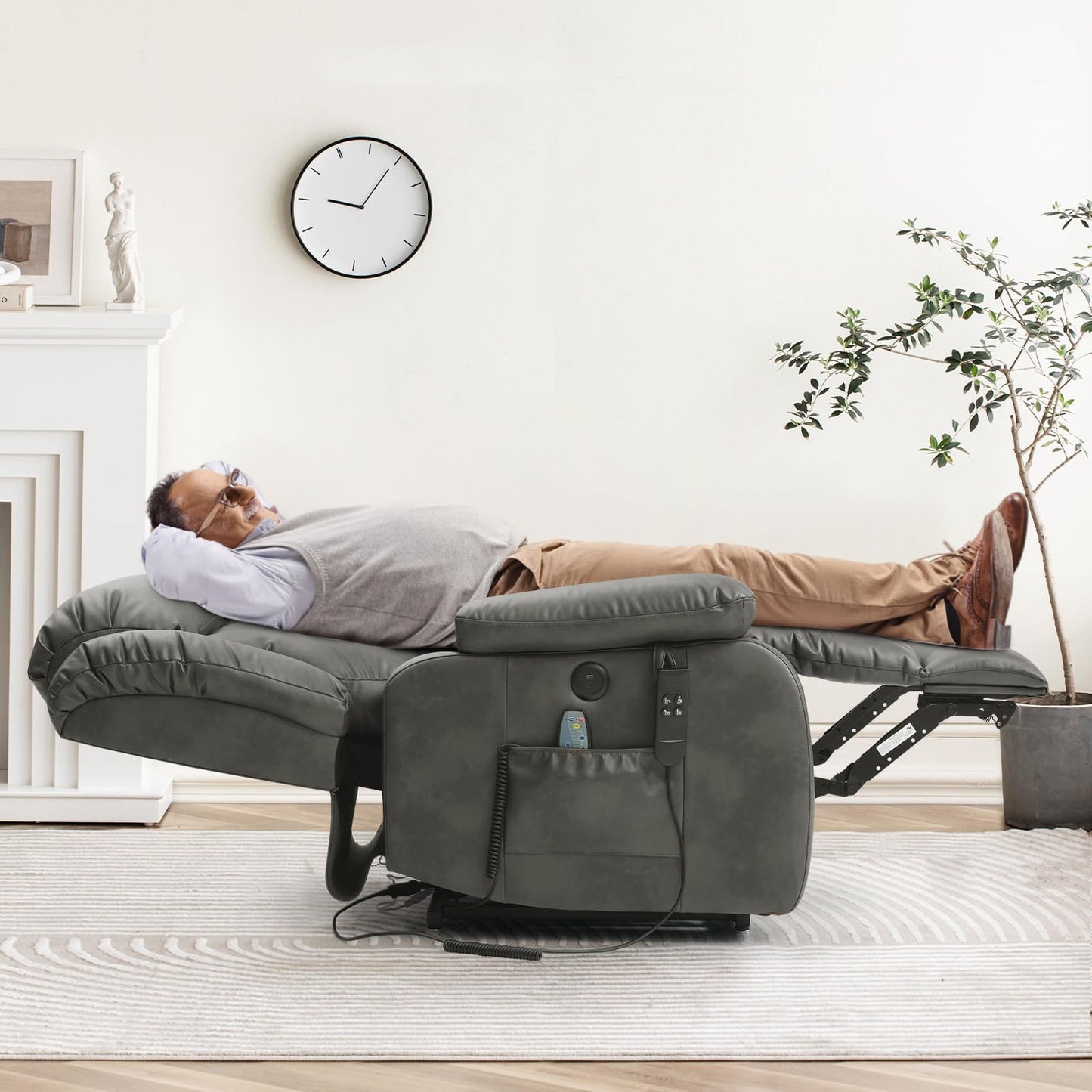 MEROUS Dual Motor Large Power Lift Recliner Chair for Elderly with Heat and Massage,Lay Flat Lift Chairs Recliners for Seniors Infinite Position,USB Port&Remote,Genuine Leather(Silver Grey)