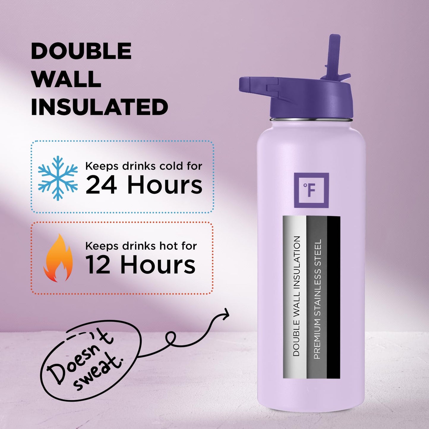 IRON °FLASK Camping & Hiking Hydration Flask, Wide Mouth, 3 Straw Lids, Stainless Steel Outdoor Water Bottle, Double Walled, Insulated Thermos, Metal Canteen - Lavender Bliss, 40 Oz