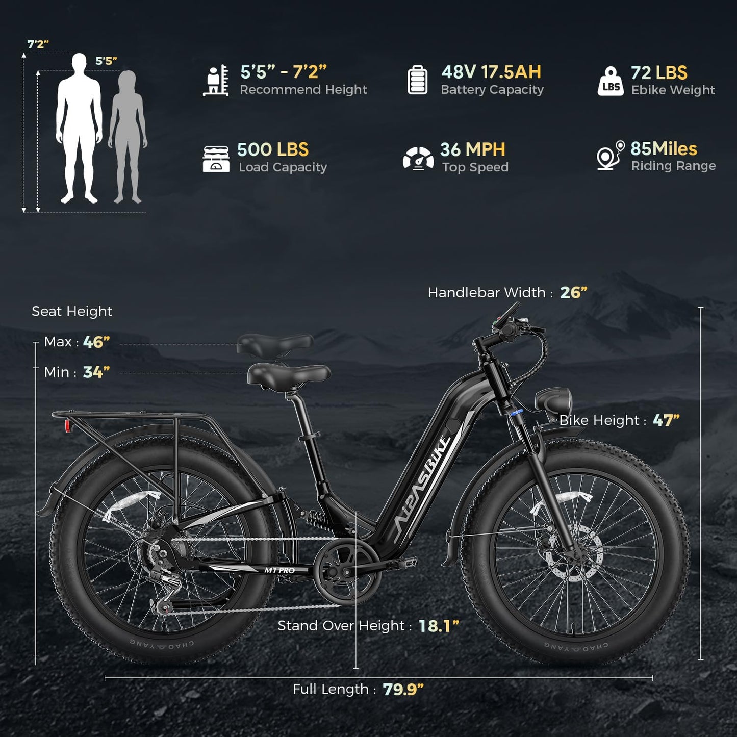 Aipas M1 Pro Electric Bike, 1800W Peak Motor Electric Bike for Adults, 48V 17.5Ah, 26'' x 4.0'' Fat Tire Electric Mountain Bike, Ebike with 85 Miles, 36MPH, 7 Speed 110Nm and Dual Suspension