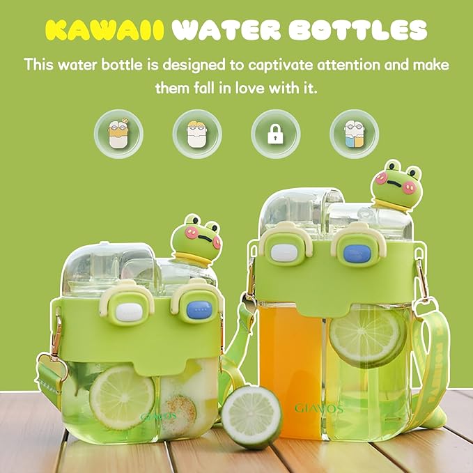 Cute Water Bottle for Kids: 26oz Kawaii Water Bottle for Girls, Funny Bear Water Bottles with Straw and Strap, Dual Compartments Leak-Proof Plastic Drinking Cup for School Sport Travel (Purple)