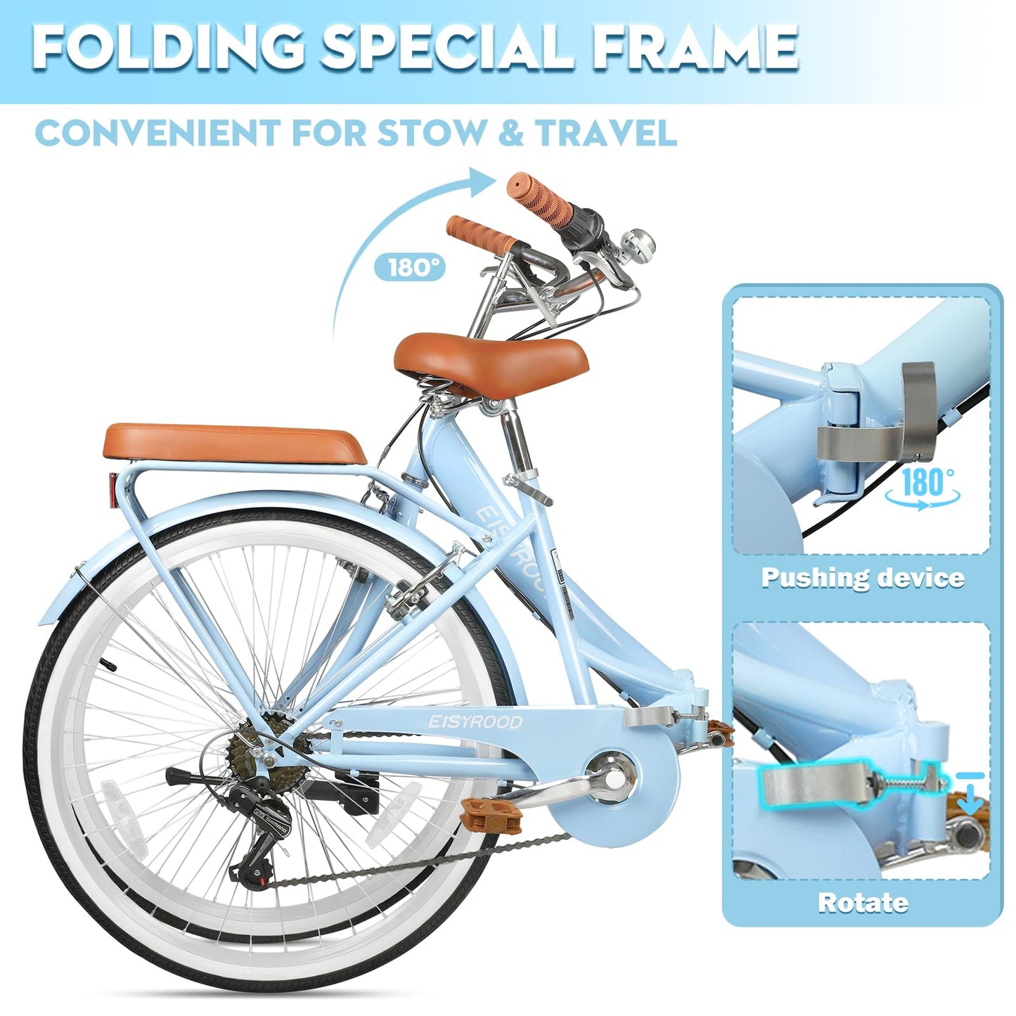 kaiwrxin 26 Inch Folding Beach Cruiser Bike for Women, 7-Speed Ladies Bike with Basket & Rack, Perfect for City Commuting's Bicycle, Ideal for Women and Adults (Blue, 26")