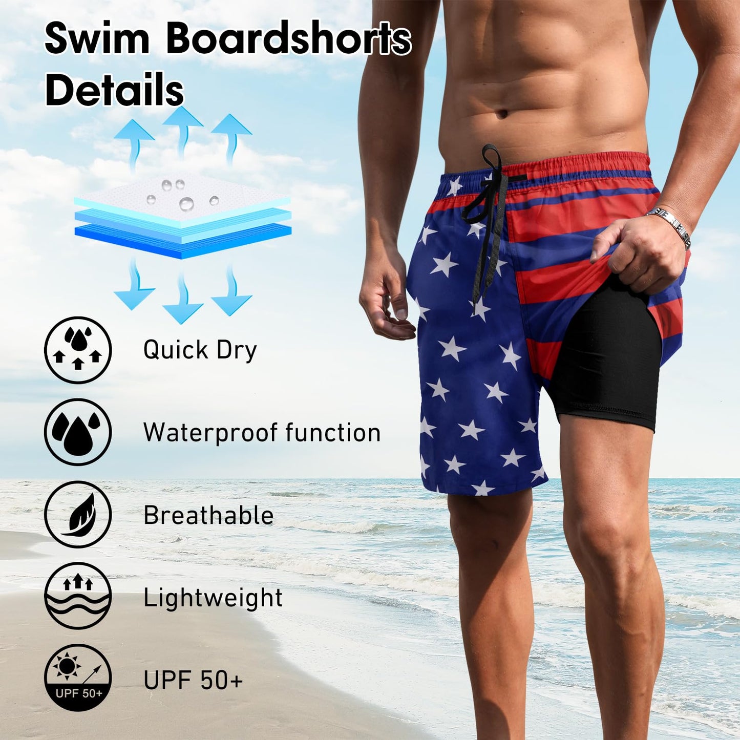 ALISISTER Men Fourth of July Swim Trunks Compression Liner American Board Shorts USA Flag Independence Day Boardshorts Swimsuits Swimwear 7 Inch