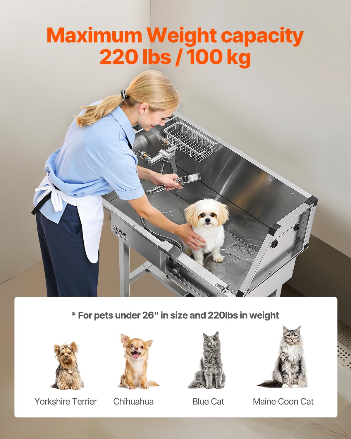 VEVOR Stainless Steel Dog Washing Station, 34 inch Pet Grooming Tub w/Storage Stairs, Faucet & Showerhead & Soap Holder Dog Bathtub, Pet Wash Station for Medium & Small Pets (Right Door)