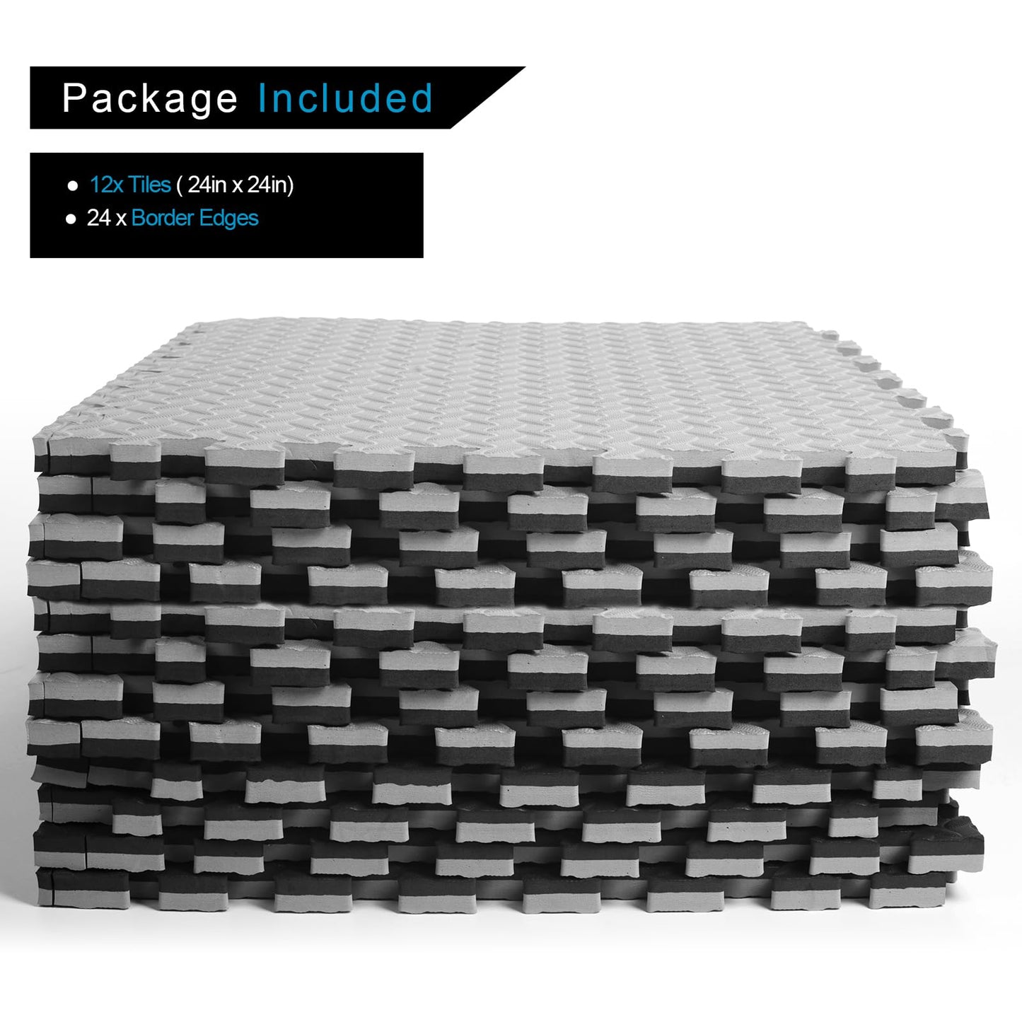 1 in Thick 48 Sq Ft EVA Foam Exercise Gym Mats 12 Pcs - Interlocking Puzzle Floor Tiles for Home Gym Heavy Workout Equipment Flooring - 24 x 24in Tile, Black & Gray