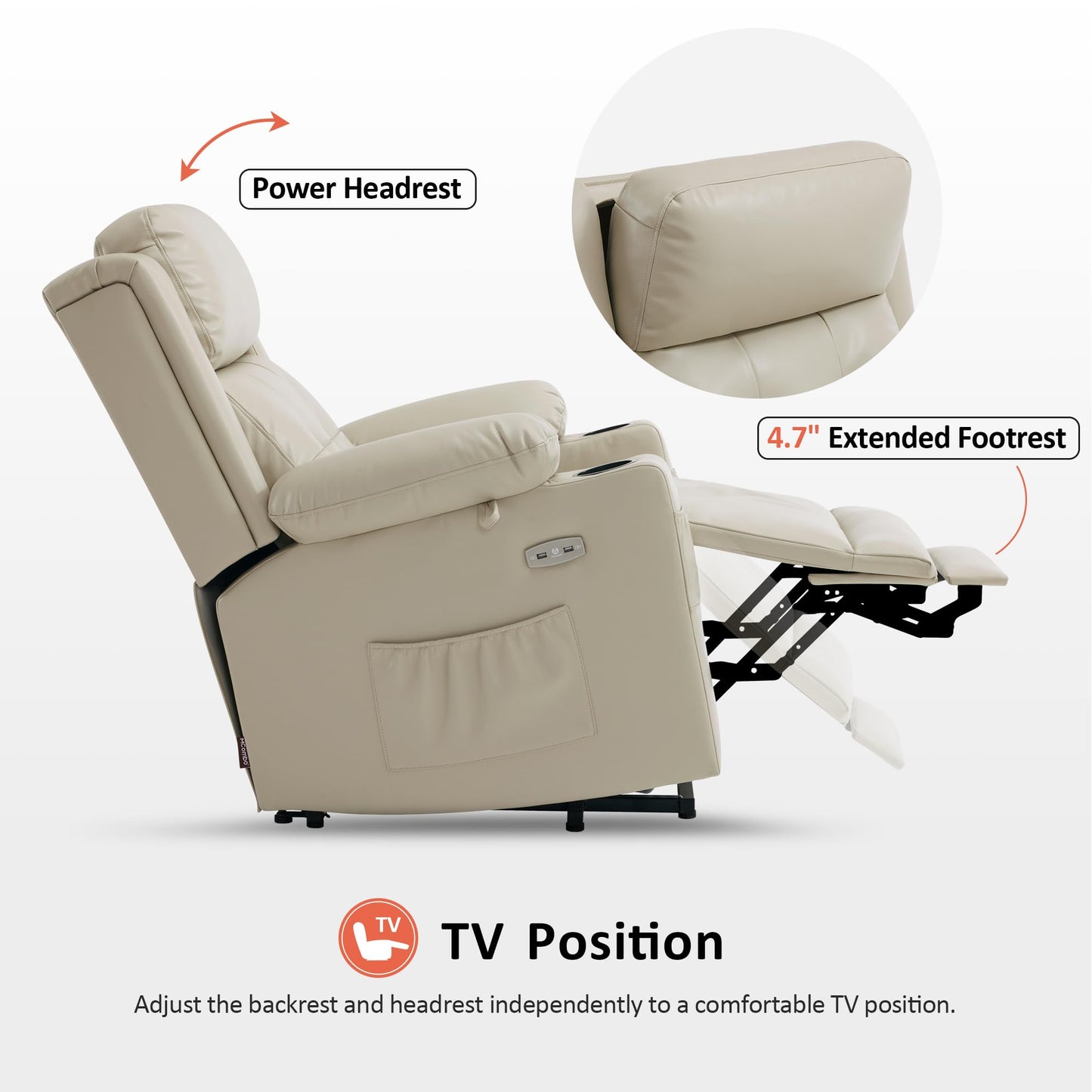MCombo Lay Flat Triple Motor Power Lift Recliner Chair Sofa with Heat and Massage, Adjustable Headrest for Elderly, Infinite Position, Faux Leather 7661 (Beige, Medium)