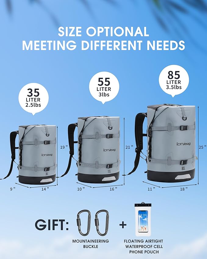 IDRYBAG Waterproof Backpack for Travel, Kayaking, Boating, Swimming, Floating Paddle Boarding - Submersible Dry Bag 35L/55L/85L