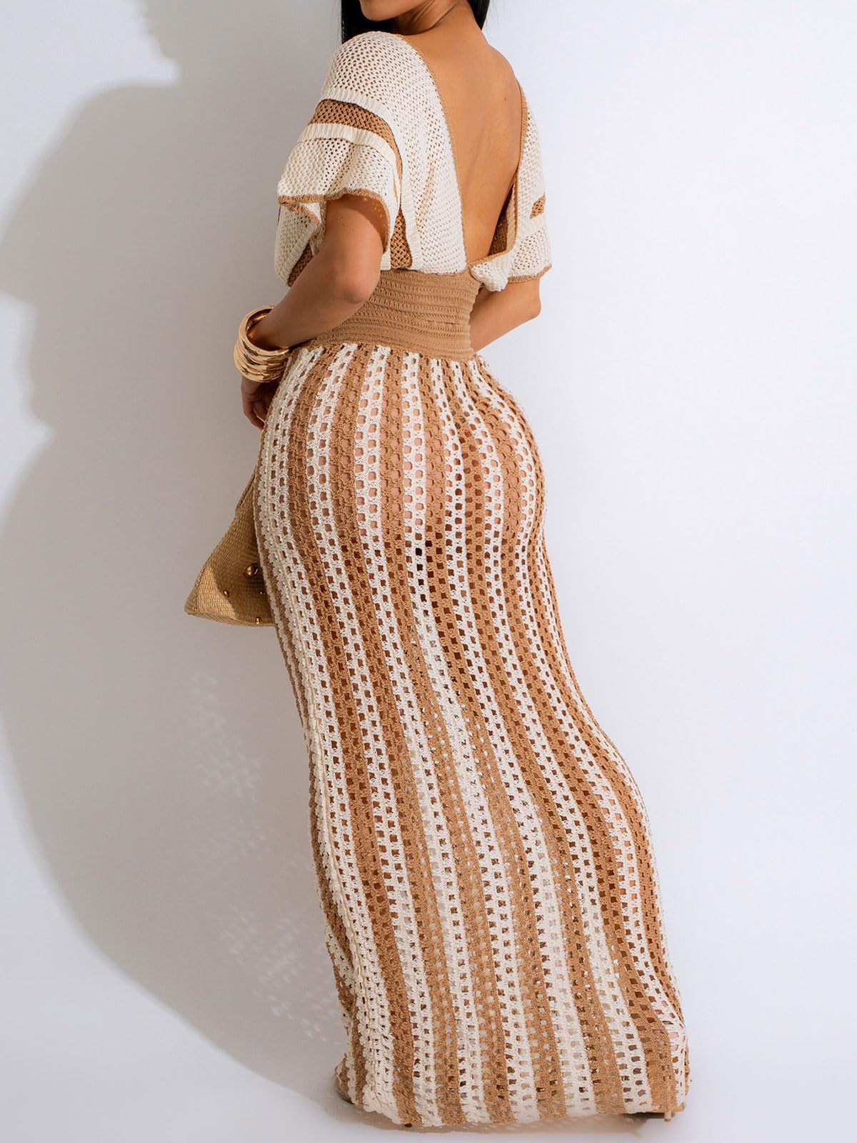 Angsuttc Two Piece Cover Ups for Women Crochet Hollowed Out Short Sleeve Vneck Crop Shirts Maxi Skirt Outfits Khaki XL