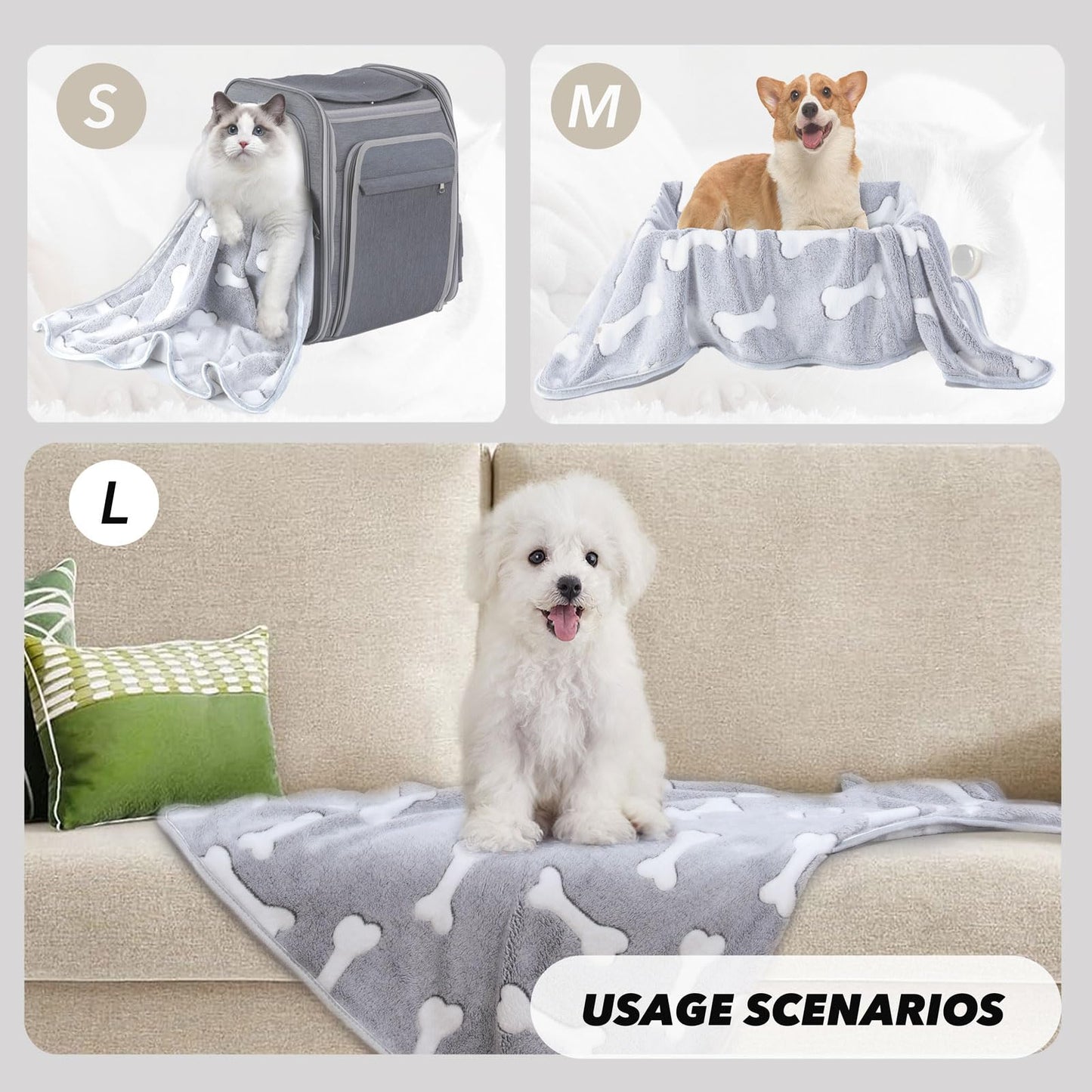 1 Pack 3 Puppy Blankets Super Soft Warm Sleep Mat Grey Cute Print Fluffy Fleece Pet Flannel Throw Dog Blankets for Small Dogs Cats,Star&Bone&Love- Small (23"x15")