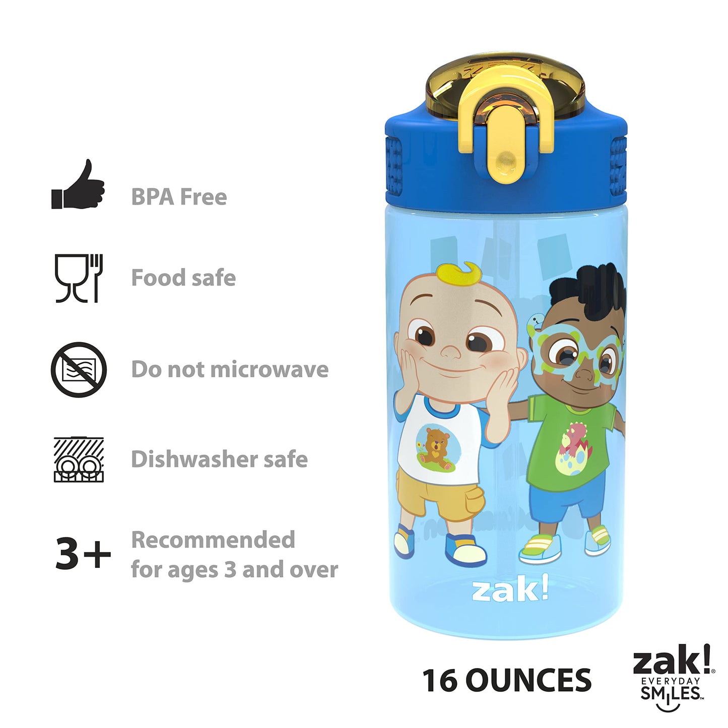 Zak Designs CoComelon Kids Water Bottle with Spout Cover and Built-In Carrying Loop, Made of Durable Plastic, Leak-Proof Water Bottle Design for Travel (16 oz, Pack of 2)