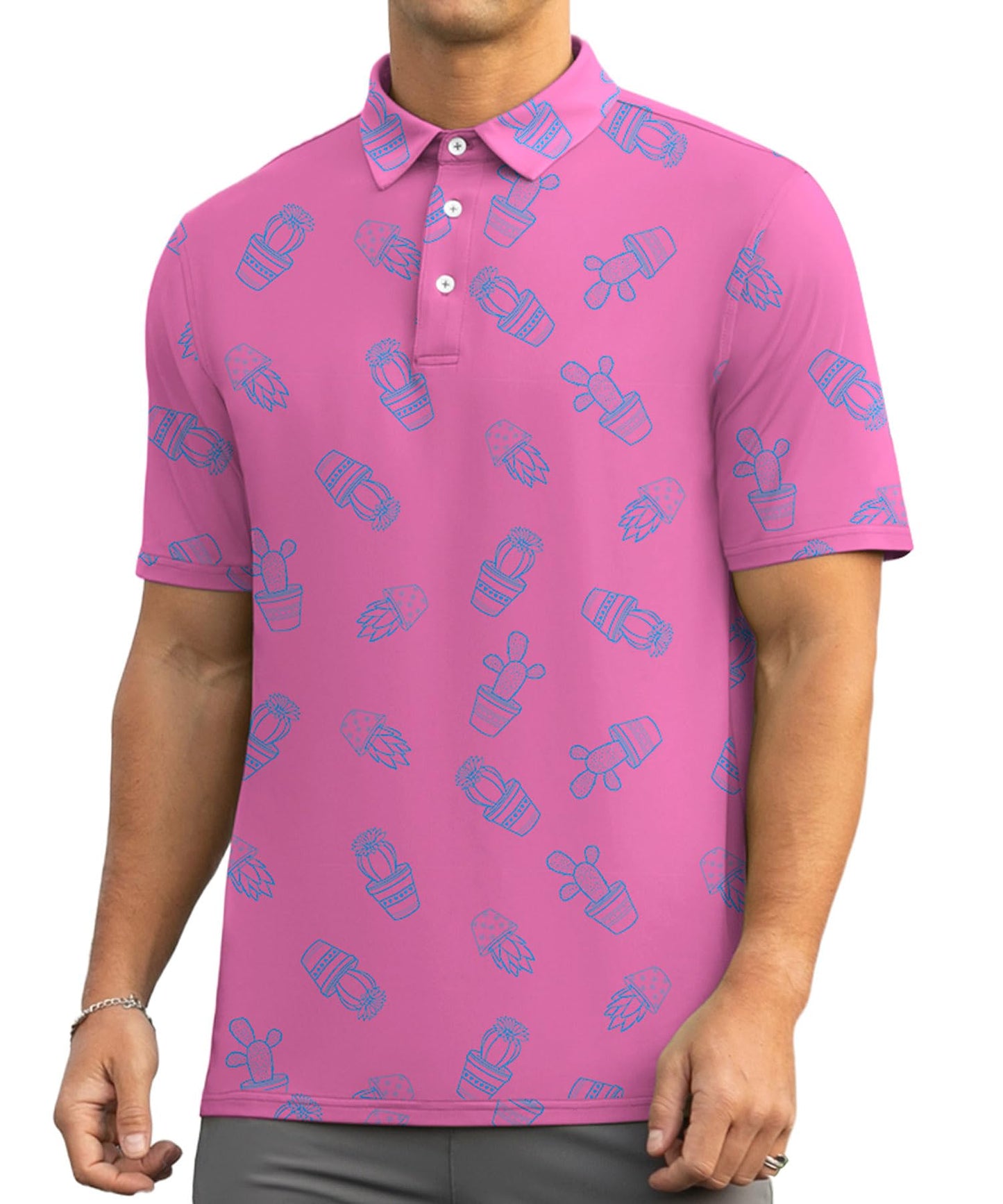 Askdeer Men's Golf Polo Shirts Short Sleeve Performance Dry Fit Polo Shirt Moisture Wicking Casual Golf Shirts Pink Cactus
