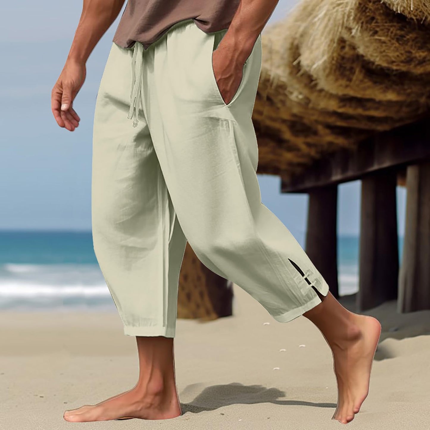 lightning deals of today prime,Beach Pants for Mens Capri Pants Solid Color Elastic Waist Tapered Pants Drawstring Capris Baggy Pants Trousers