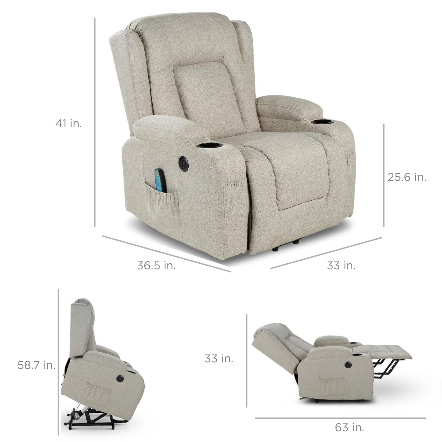 Best Choice Products Modern Linen Electric Power Lift Chair, Recliner Massage Chair, Adjustable Furniture for Back, Legs w/ 3 Positions, USB Port, Heat, Cupholders, Easy-to-Reach Button - Greige