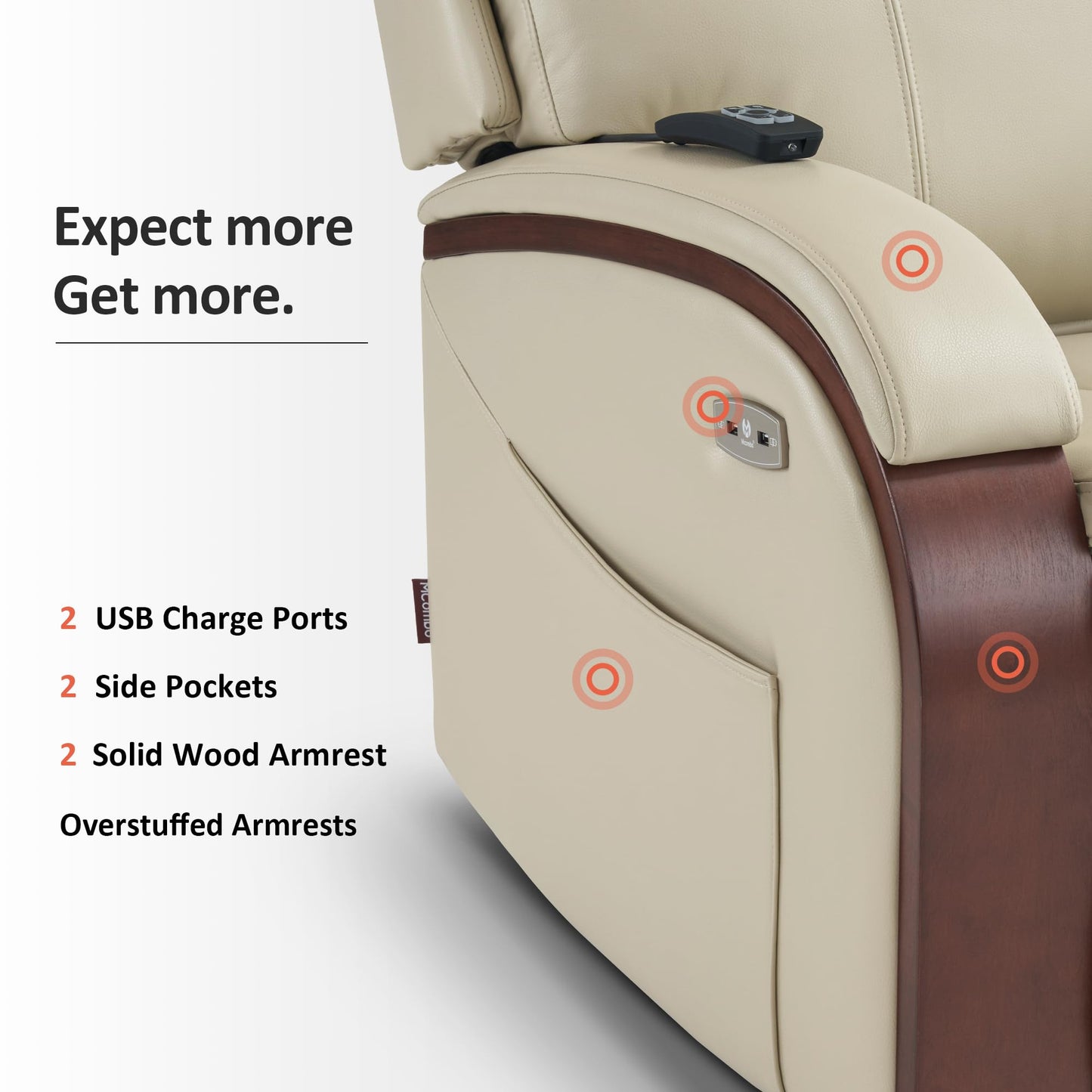 MCombo Power Lift Recliner Chair Sofa with Massage and Heat, Adjustable Headrest for Elderly People, Solid Wood Armrest, USB Ports, Side Pockets, Faux Leather 7917 (Cream White, Medium)