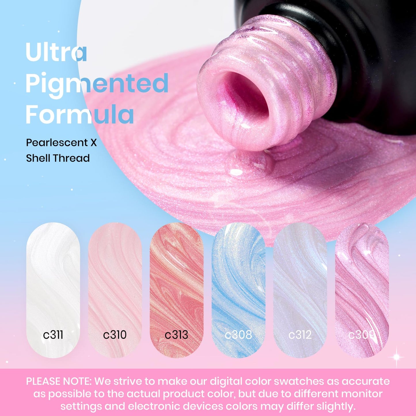 Beetles Shimmer Glitter Gel Nail Polish Set, 6 Colors White Pink Blue Pearl Gel Nail Polish Mermaid Soak Off Uv Led Spring Summer Polish Swirl Thread Effect DIY Manicure Art Gift for Women