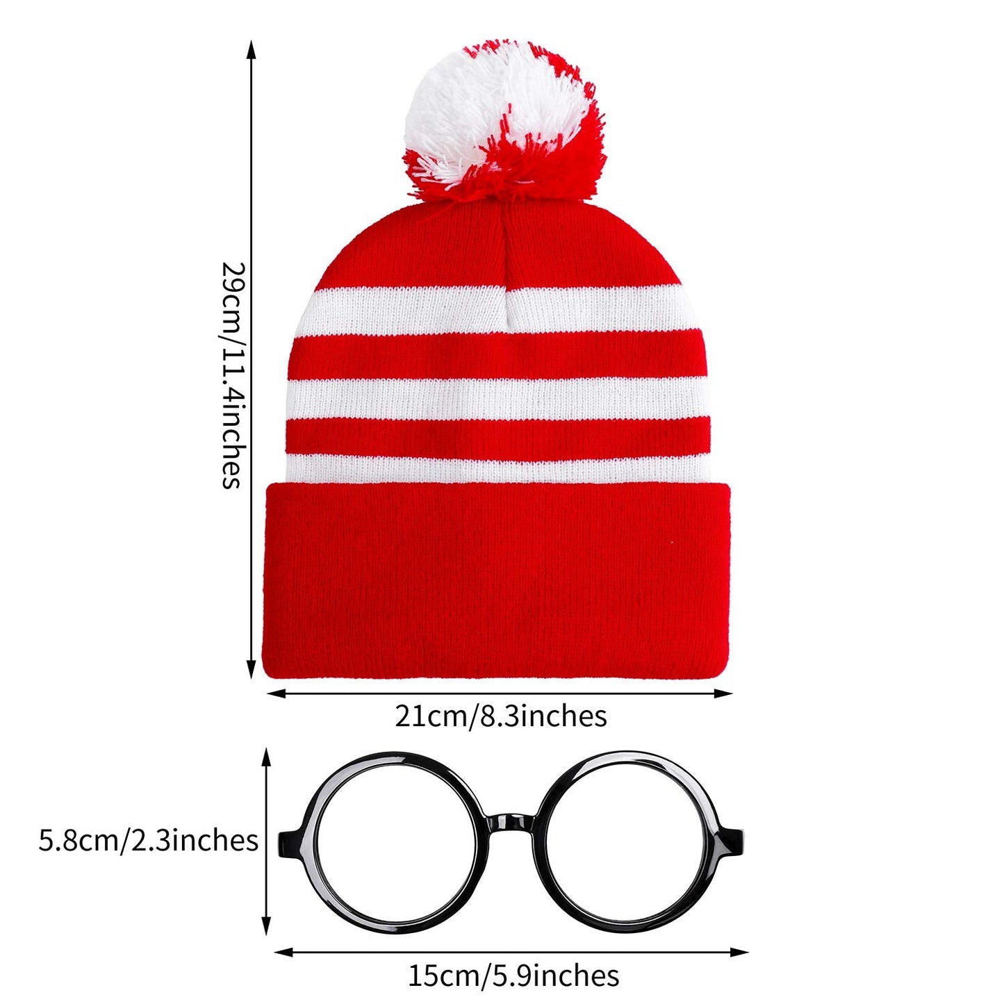 Aneco Halloween Red White Knit Beanie with Pompoms Nerd Costumes Glasses for Men and Women