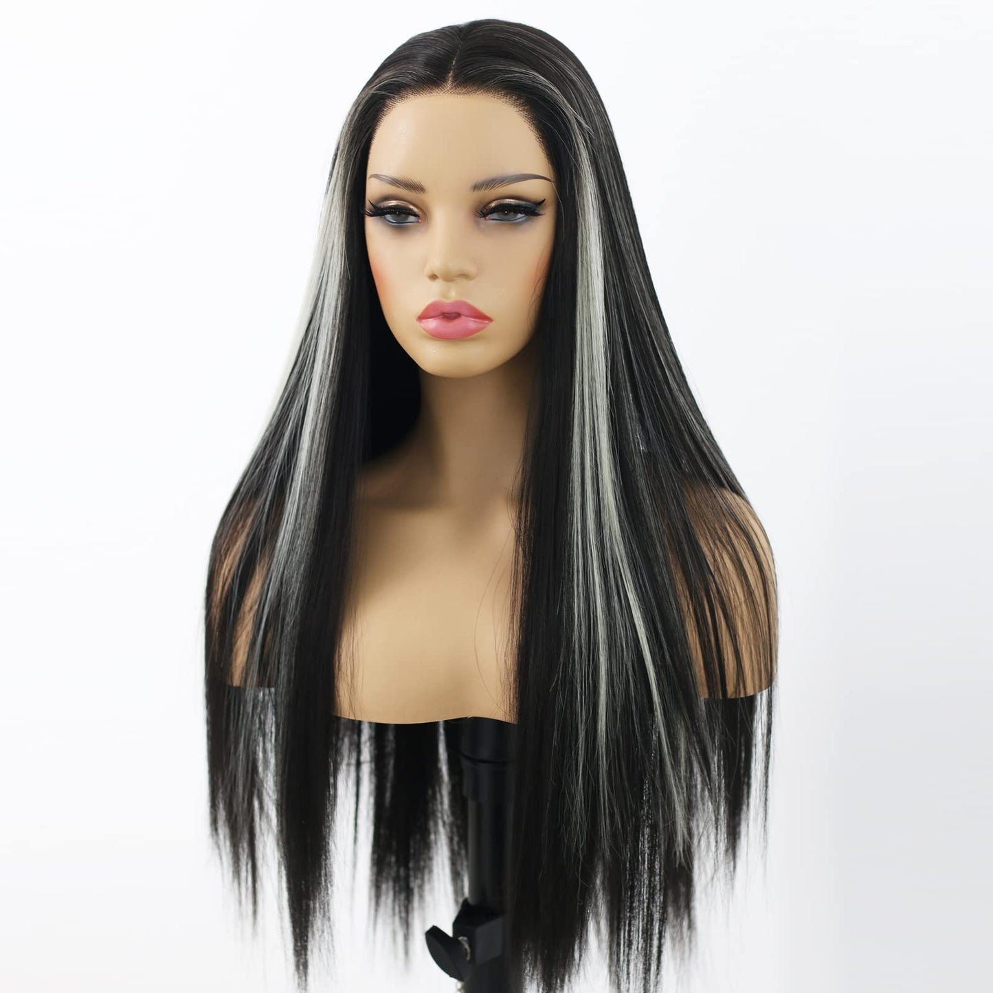 ANDRIA Lace Front Wigs Straight Hair Glueless Synthetic Long Silk Natural Wig Heat Resistant Fiber Black and White Skunk Stripe Colorful With Baby For Women 24 Inches