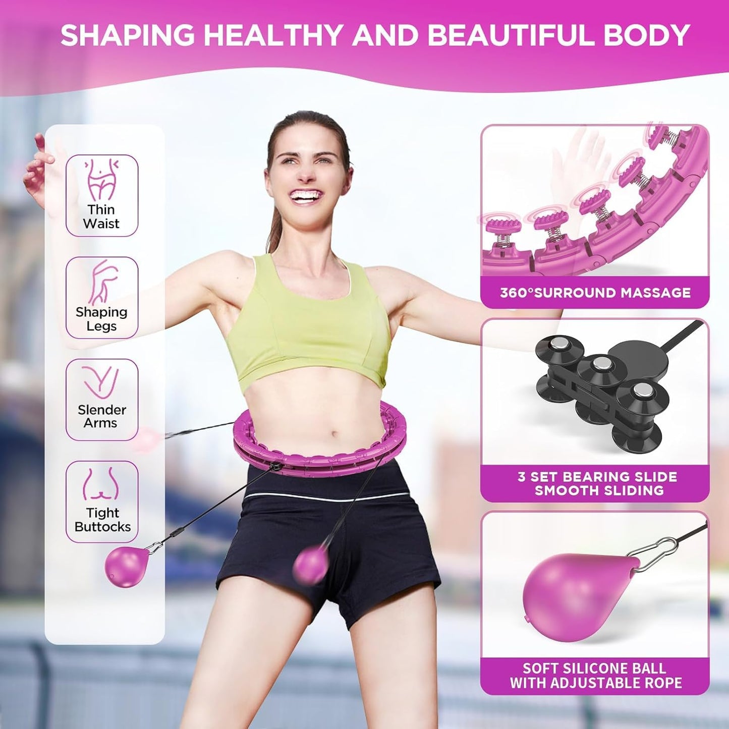 APzek 32 Detachable Knots Weighted Exercise Hoop Plus Size, No Falling Smart Huula Hoop for Adults & Beginners, 2 in 1 Abdomen Fitness Massage with Auto Spinning Ball - Purple