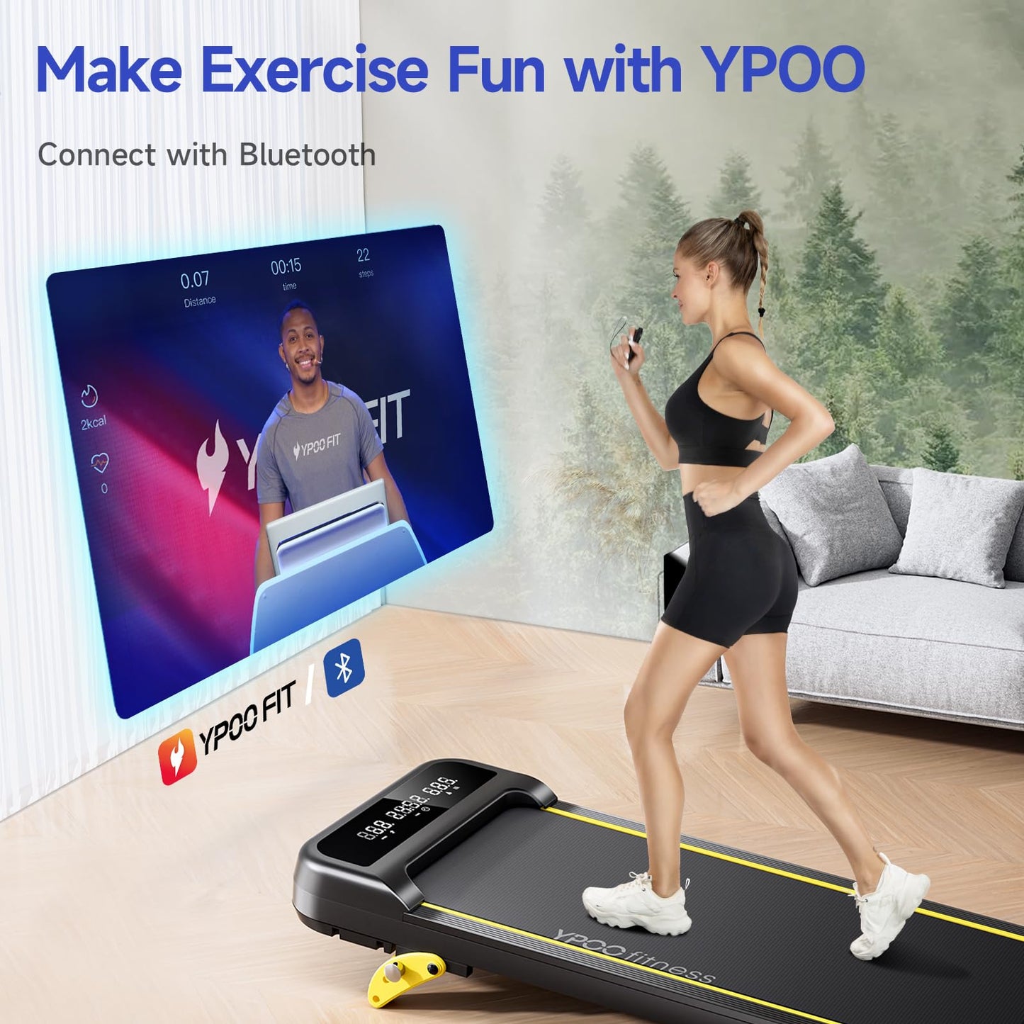 YPOO Walking Pad Treadmill, Under Desk Treadmill for Home, Portable Walking Pads with Incline Up to 8%, Compact Running Treadmills 300lbs Capacity, LED Display, Low Noise