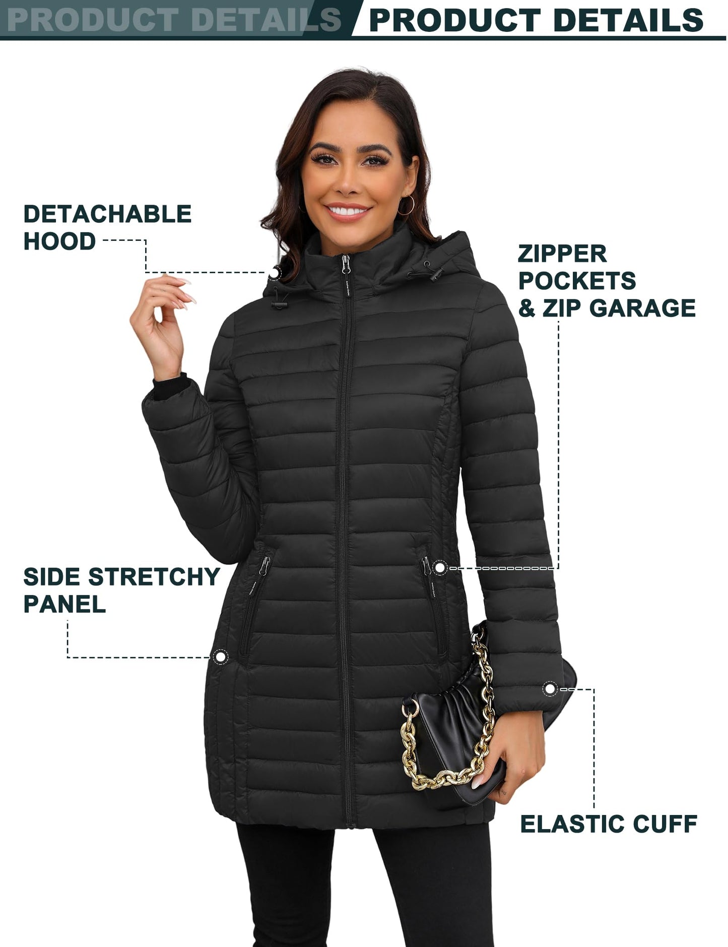 ANOTHER CHOICE Women Ultra-light Puffer Jacket, Winter Puffey Jacket with Detachable Hood Stretchy Panel Rollable Black M