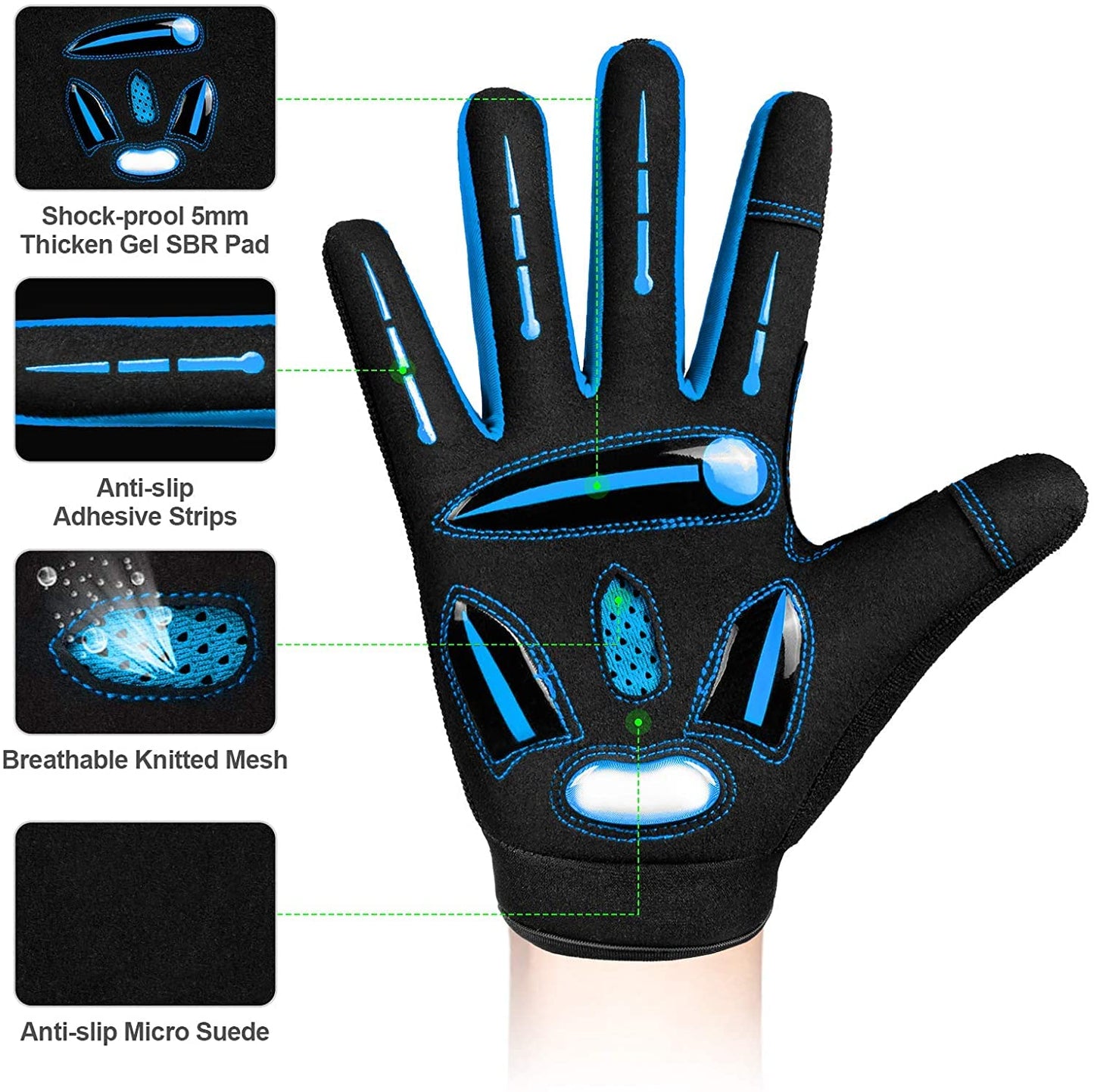 BIKINGMOREOK Cycling Gloves Bike Gloves Biking Gloves for Men Women,Touchscreen Full Finger Shock-Absorbing Mountain Bike Gloves,5MM Gel Pads MTB Road Bicycle Gloves for Running,Hiking-Blue-S