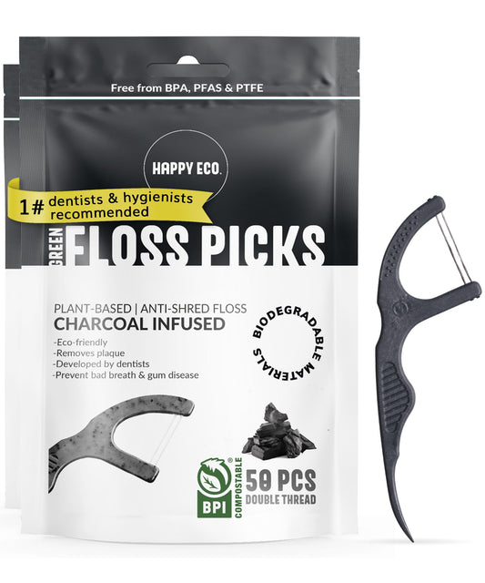 Double Floss Picks Biodegradable (200pcs) - Plant Based Natural Dental Floss Sticks- Flossers for Adults & Kids - Nontoxic Vegan Tooth Pick Flossers - Mint