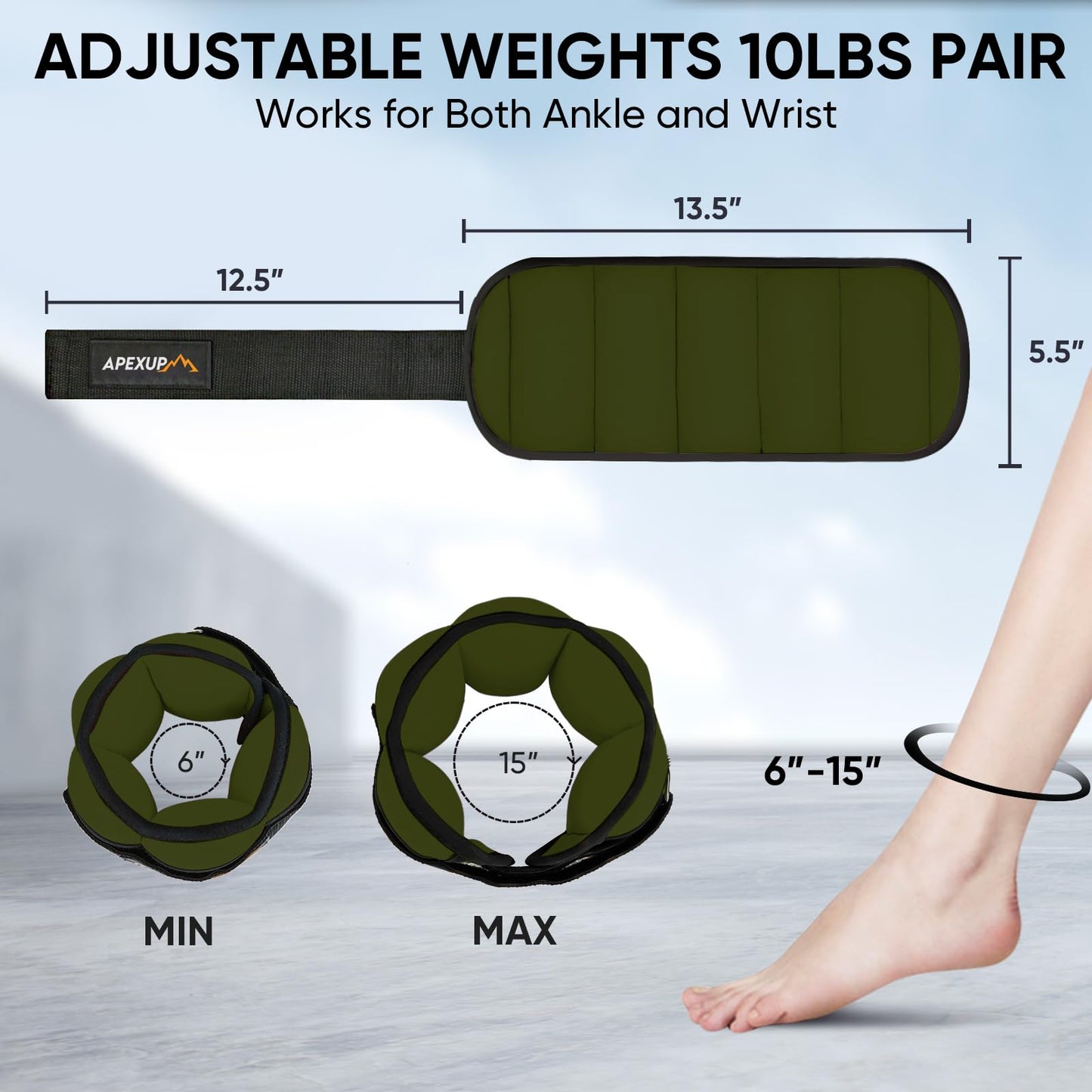 APEXUP 10lbs/Pair Adjustable Ankle Weights for Women and Men, Modularized Leg Weight Straps for Yoga, Walking, Running, Aerobics, Gym (Green)