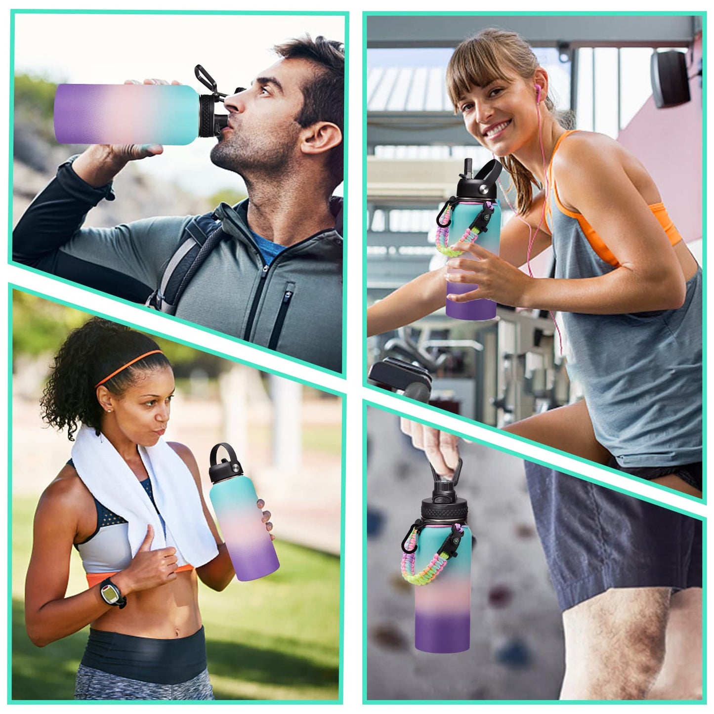 Insulated Stainless Steel Water Bottle - 32oz 40oz 64oz Water Bottles with Straw & Spout Lids, Paracord Handle and Carrier Pouch, Workout Water Flask Bottle for Women Men Sport Outdoor Activities