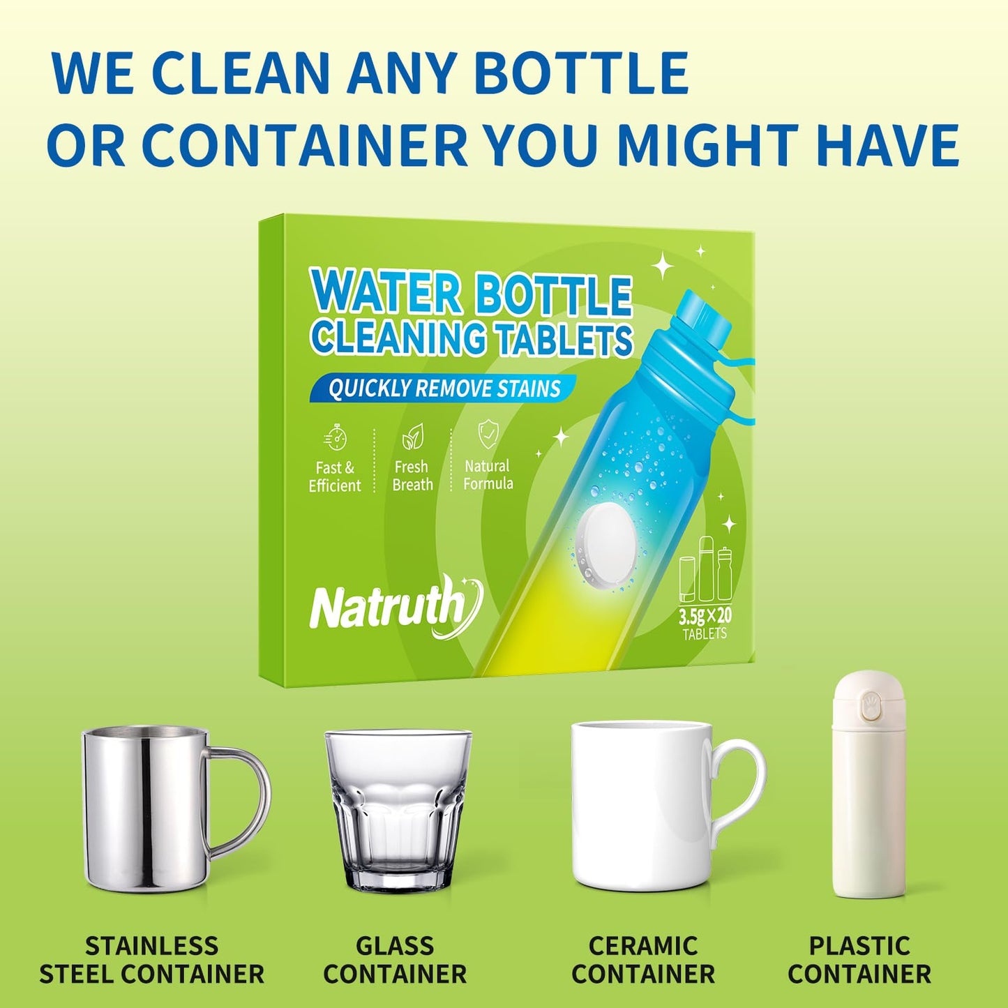 NATRUTH Water Bottle Cleaning Tablets 20 Tablets Effectively Removes Tough Stains and Odors Bottle Clean Tablet Individually Packed for All Stainless Steel, Plastics and Glass Drinking Containers