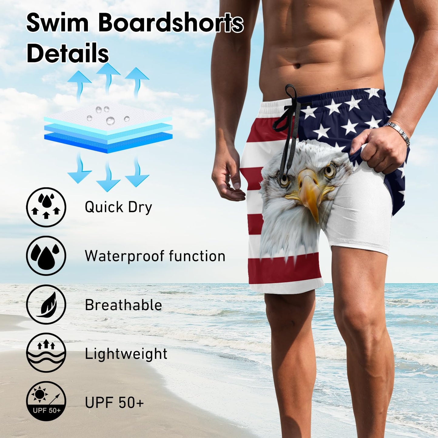 ALISISTER Men American Flag Swim Trunks Compression Liner Fourth of July Board Shorts Independence Day Boardshorts USA Swimsuits Cool Swimwear 7 Inch