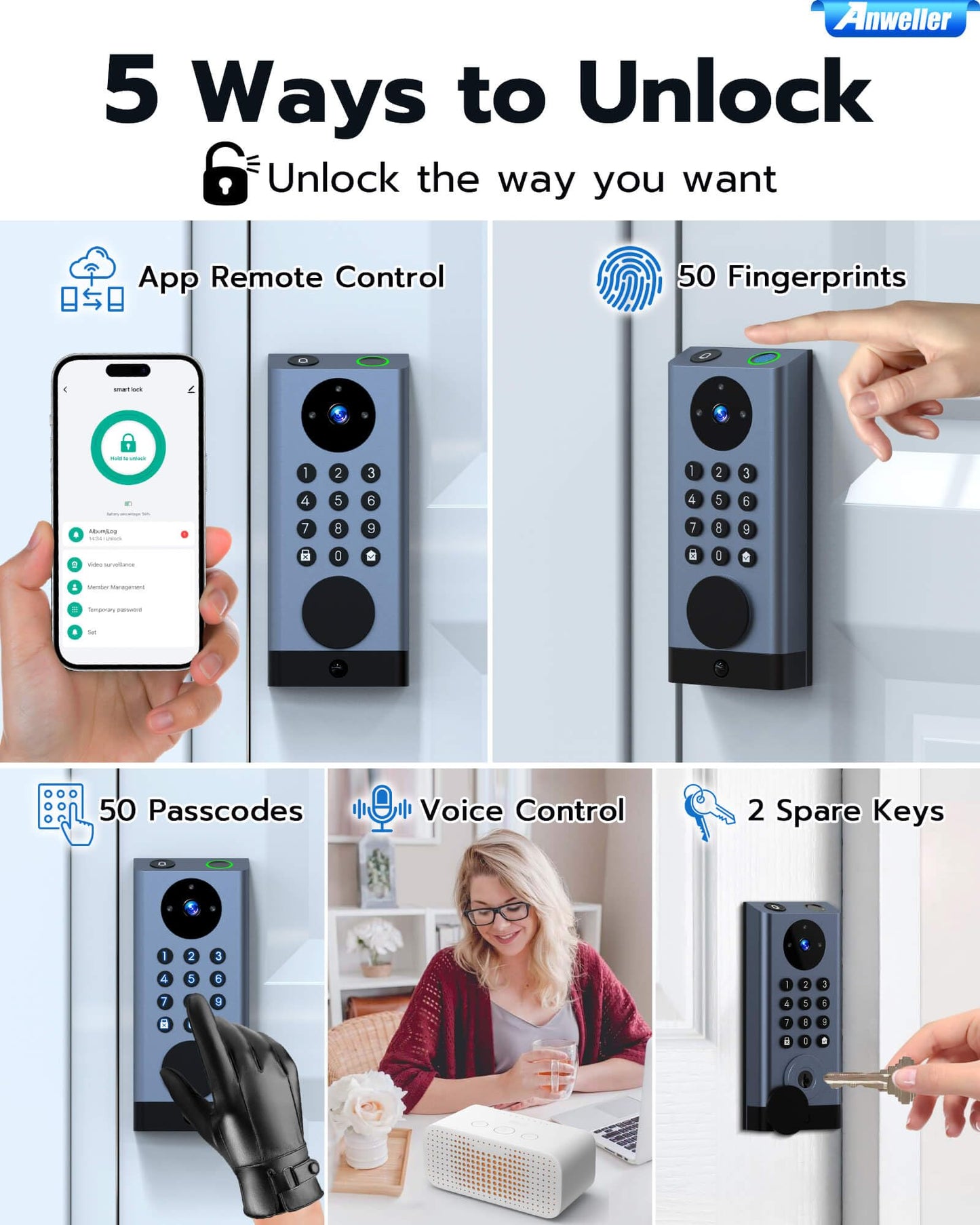 Anweller Smart Door Lock with Camera, WiFi Deadbolt with Video Doorbell, Fingerprint Biometric Electronic Keyless Entry Front Door Lock with Code Keypad for Exterior Doors, 10000mAh Battery