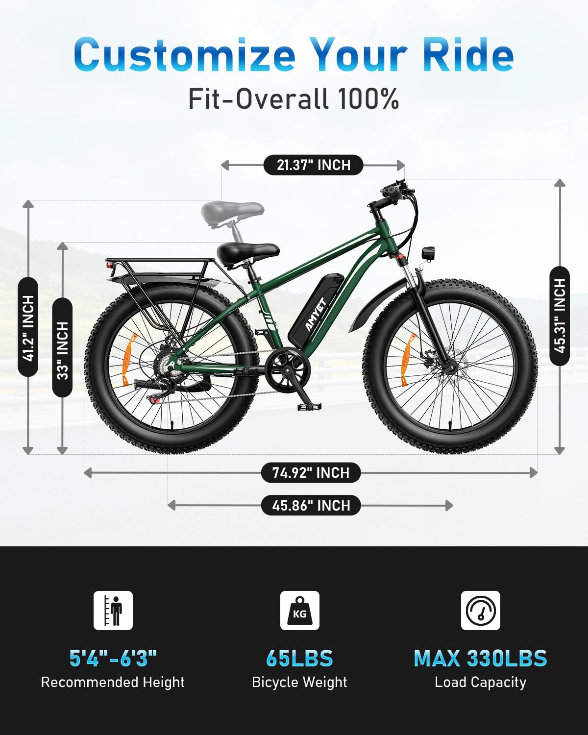 AMYET EB26 Electric Bike for Adults Peak 1500W Electric Bicycle 48V 15AH (720WH) Battery Electric Bike 26" Fat Tire Mountain 28mph 7 Speed Gears Dual Shock Absorber Front Fork Ebike (Green)