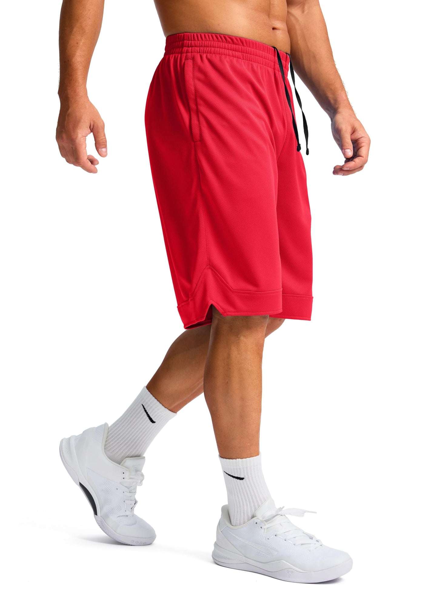 Pudolla Men's Basketball Shorts with Zipper Pockets 11" Long Gym Athletic Shorts for Men Lightweight Quick Dry(red large)