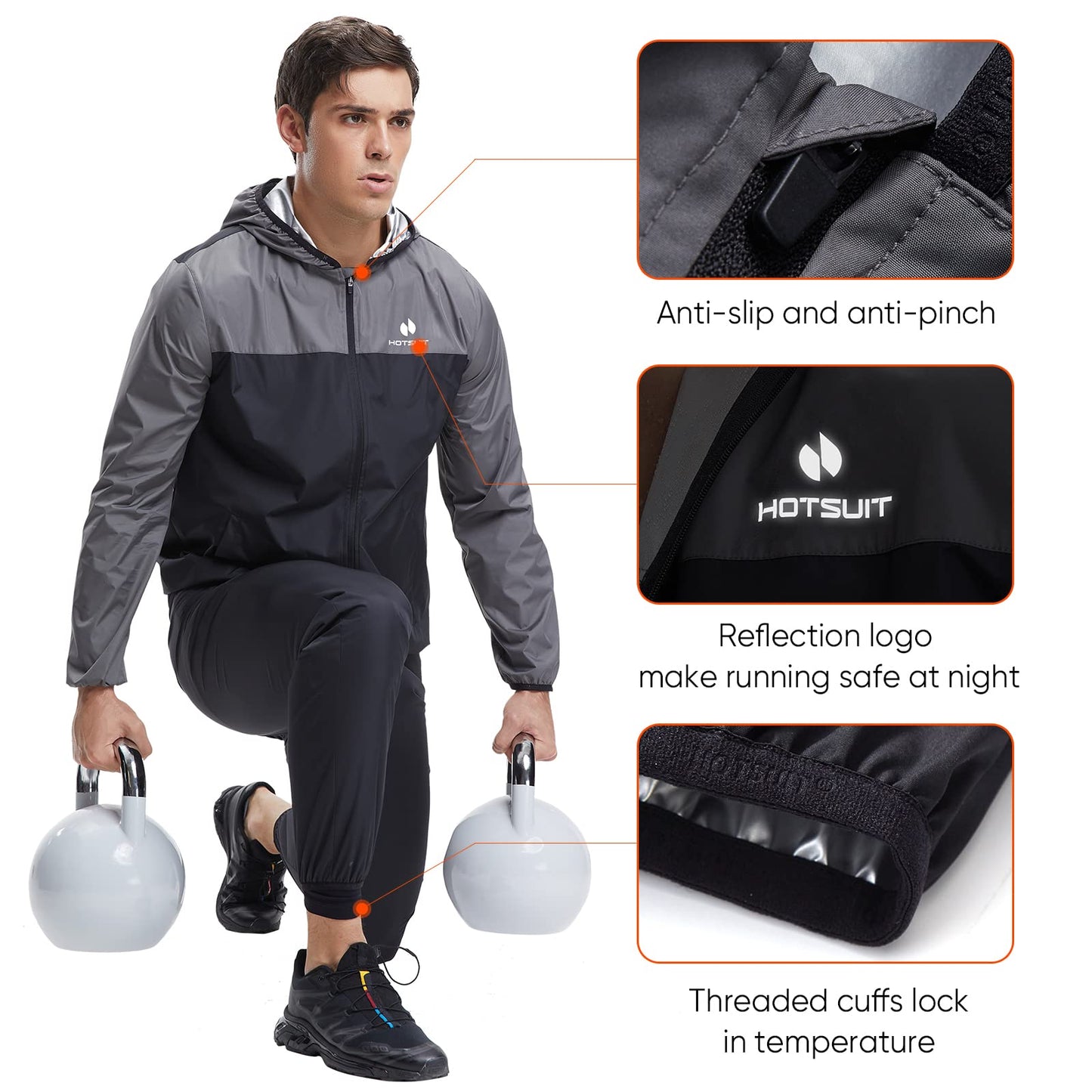 HOTSUIT Sauna Suit for Men Sweat Suits Gym Workout Exercise Sauna Jacket Pant Full Body, Gray, S