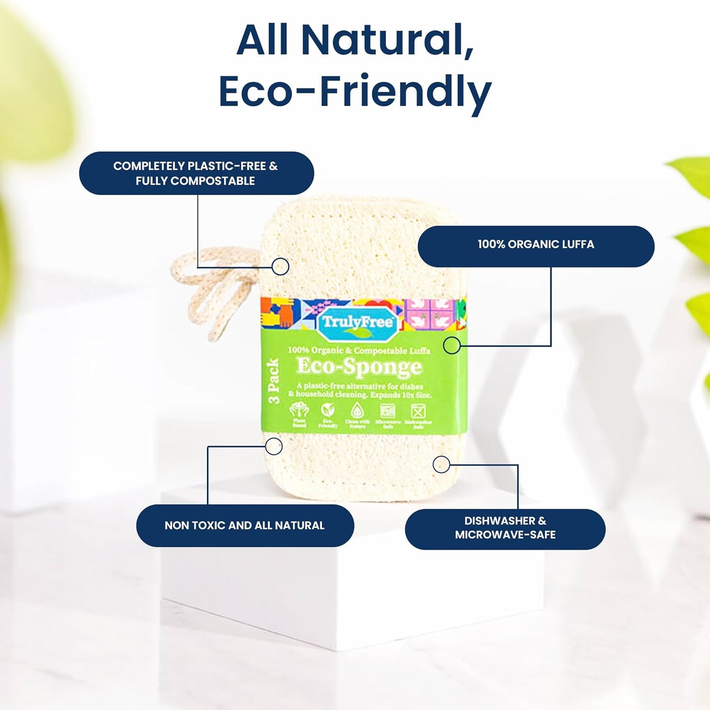 Natural Cleaning Sponges, 100% Organic Luffa Dish Scrubber, Plant-Based Compostable Kitchen Dishwasher Sponge, Cleans Sink, Grout & Tile, Non Scratch Scouring Pad - 4.4 x 2.8 in, Pack of 3