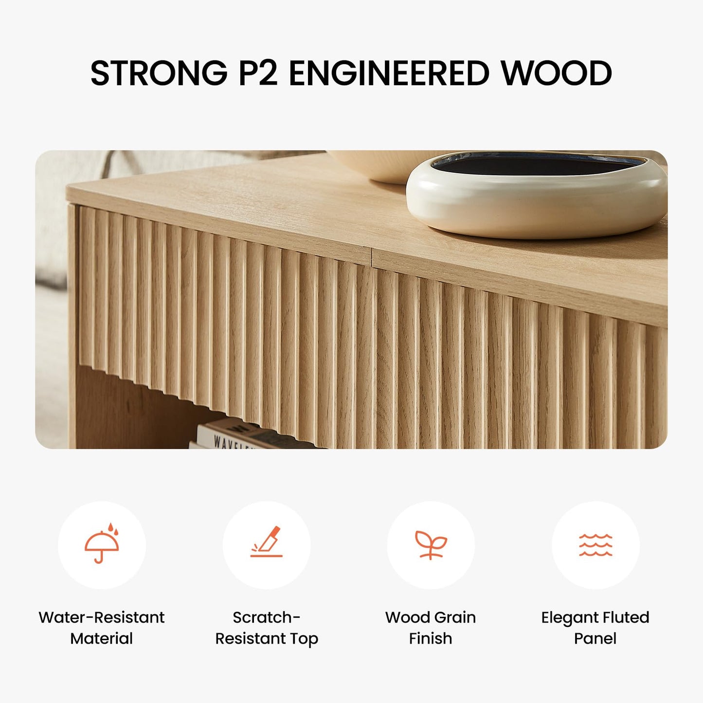 Amada Coffee Table Fluted Lift Top, 35.2" Wood Table with Storage Shelf & Hidden Compartment, Modern Rectangle Center Table for Living Room, Sturdy & Multi-Functional, Holds Up to 220LBS, Natural Oak
