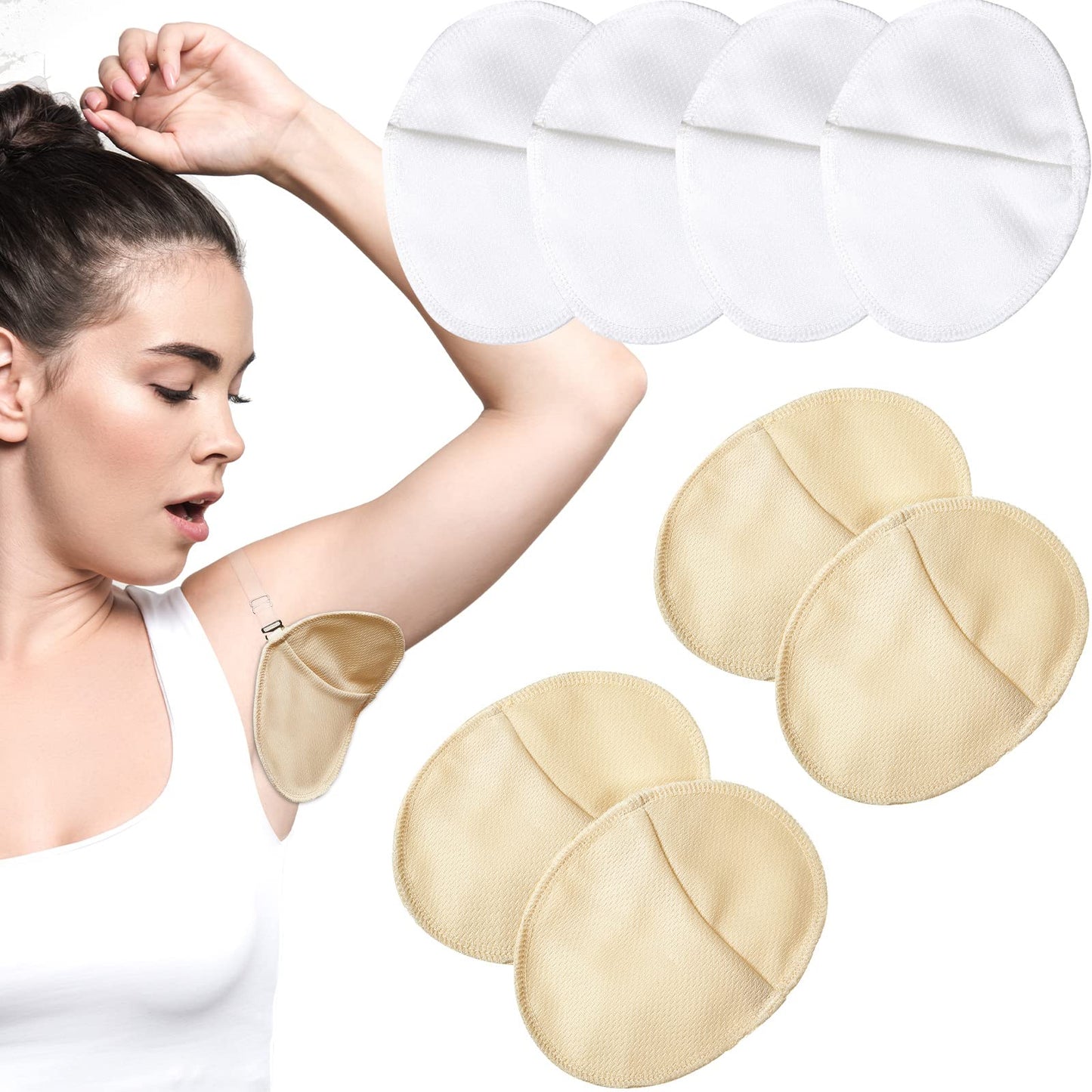 4 Pairs Underarm Sweat Pads Reusable Armpit Absorbing Guards Washable with Shoulder Strap Under Arm Breathable Absorbent Sweat Protectors Pads Guards for Women and Men(Nude, White)