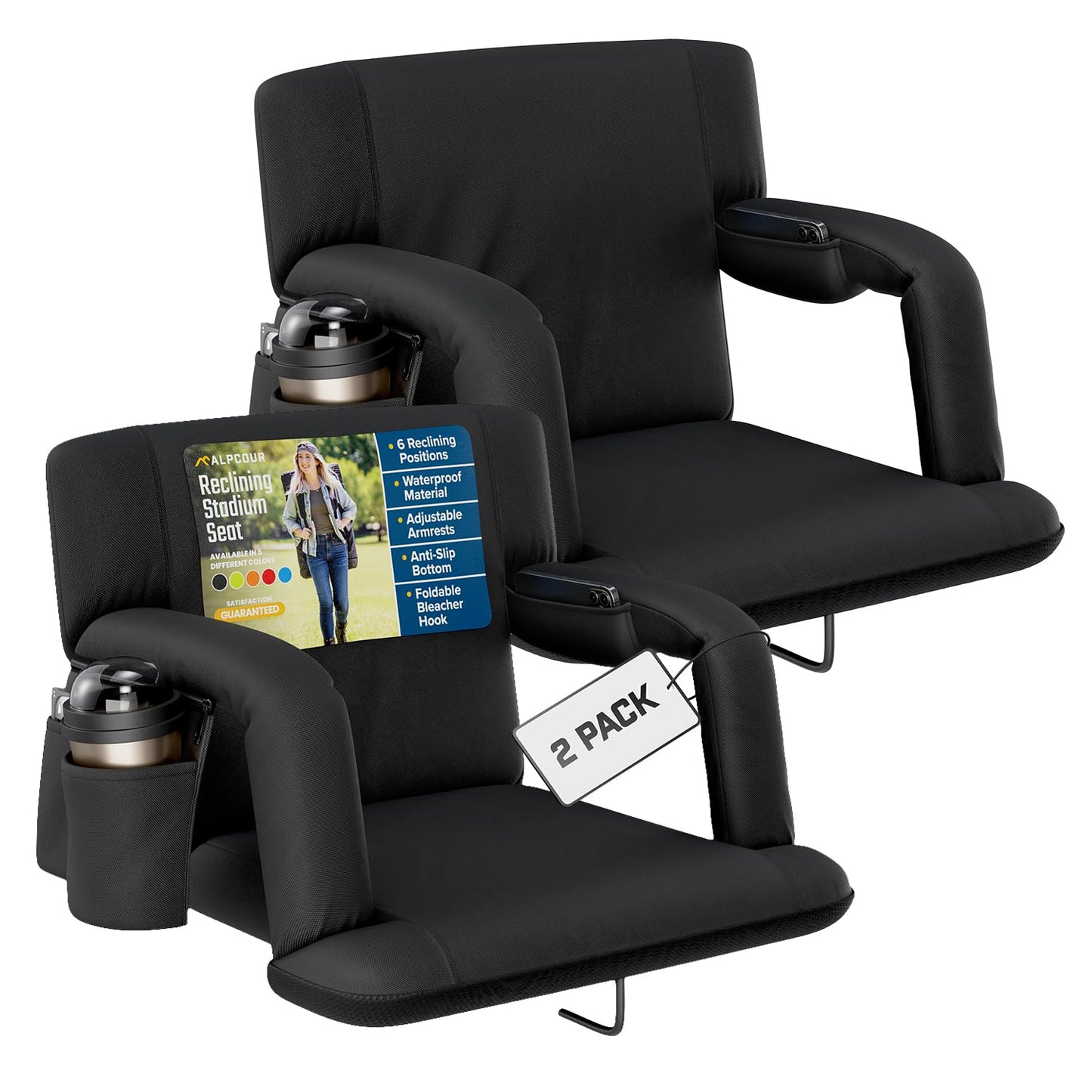 Alpcour Reclining Stadium Seat – Wide Bleacher Chair with Back Support and Cushion, Armrests, Side Pockets, and Bleachers Hook – Best Stadium Seats Chairs for Camping, Kayak, & Paddle Board Backs