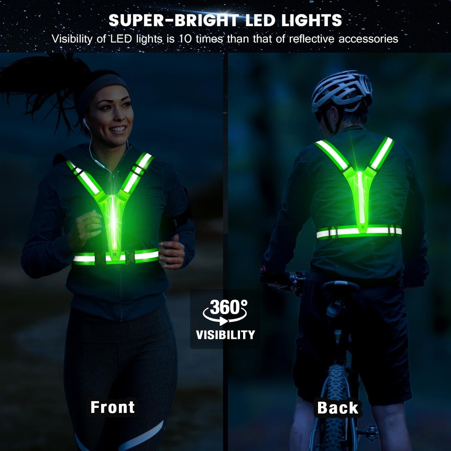 Fokia Kunbio LED Reflective Running Vest Gear,Light Up Vest Runners Night Walking USB Rechargeable,Up to 11hrs Light with Adjustable Waist/Shoulder for Women Men Kids (Green)