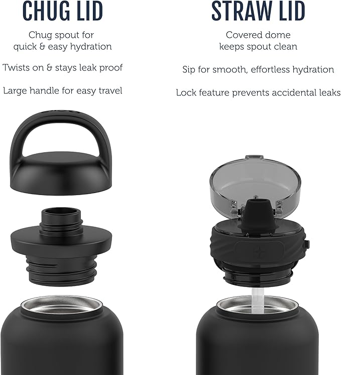Ello Cooper 18oz Kids Stainless Steel Water Bottle with 2 Lids Chug and Straw | Leak Proof Double Walled and Vacuum Insulated | Fits Car Cupholder | Built in Carry Loop | Dishwasher Safe | Black