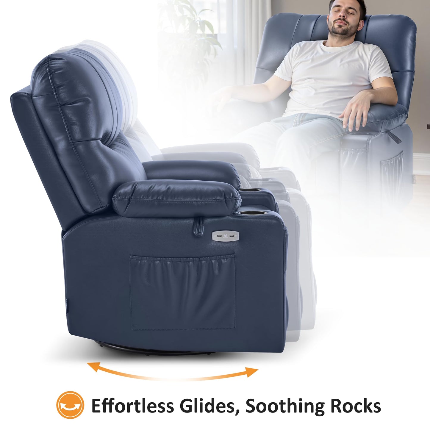 MCombo Power Swivel Glider Rocker Recliner Chair for Living Room with Vibration and Heat, USB Ports, Cup Holders and Pockets, Faux Leather 7785 (Navy Blue)