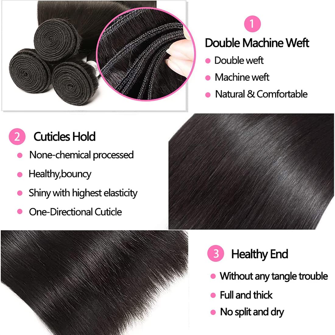 BLACKMOON HAIR Straight Human Hair 3 Bundles Brazilian Virgin Human Hair Bundles Straight 22 24 26Inch 100% Unprocessed Virgin Hair Straight Weave Bundles Human Hair 3 Bundles Deals