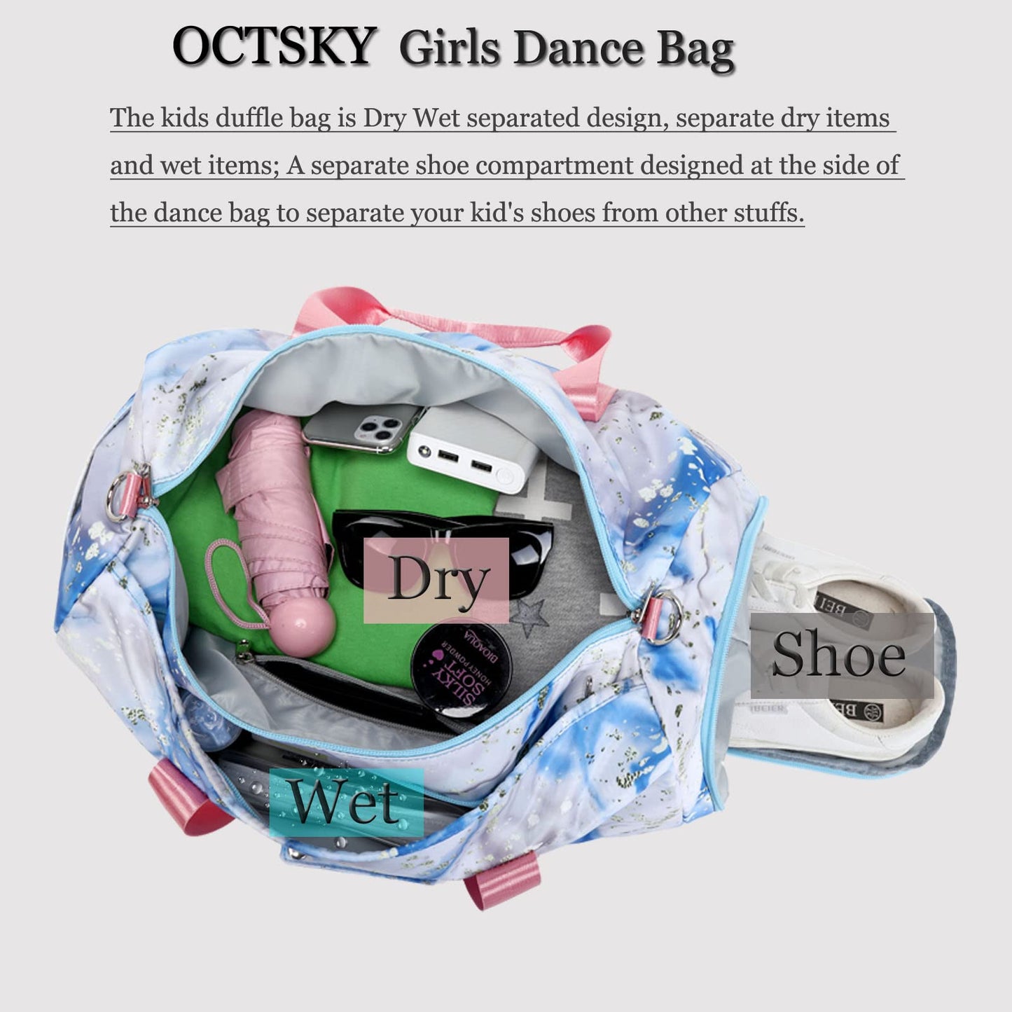 Octsky Sports Gym Bag Teens Dance Bag Gymnastics Bag Carry On Weekender Bag with Shoe Compartment and Wet Pocket