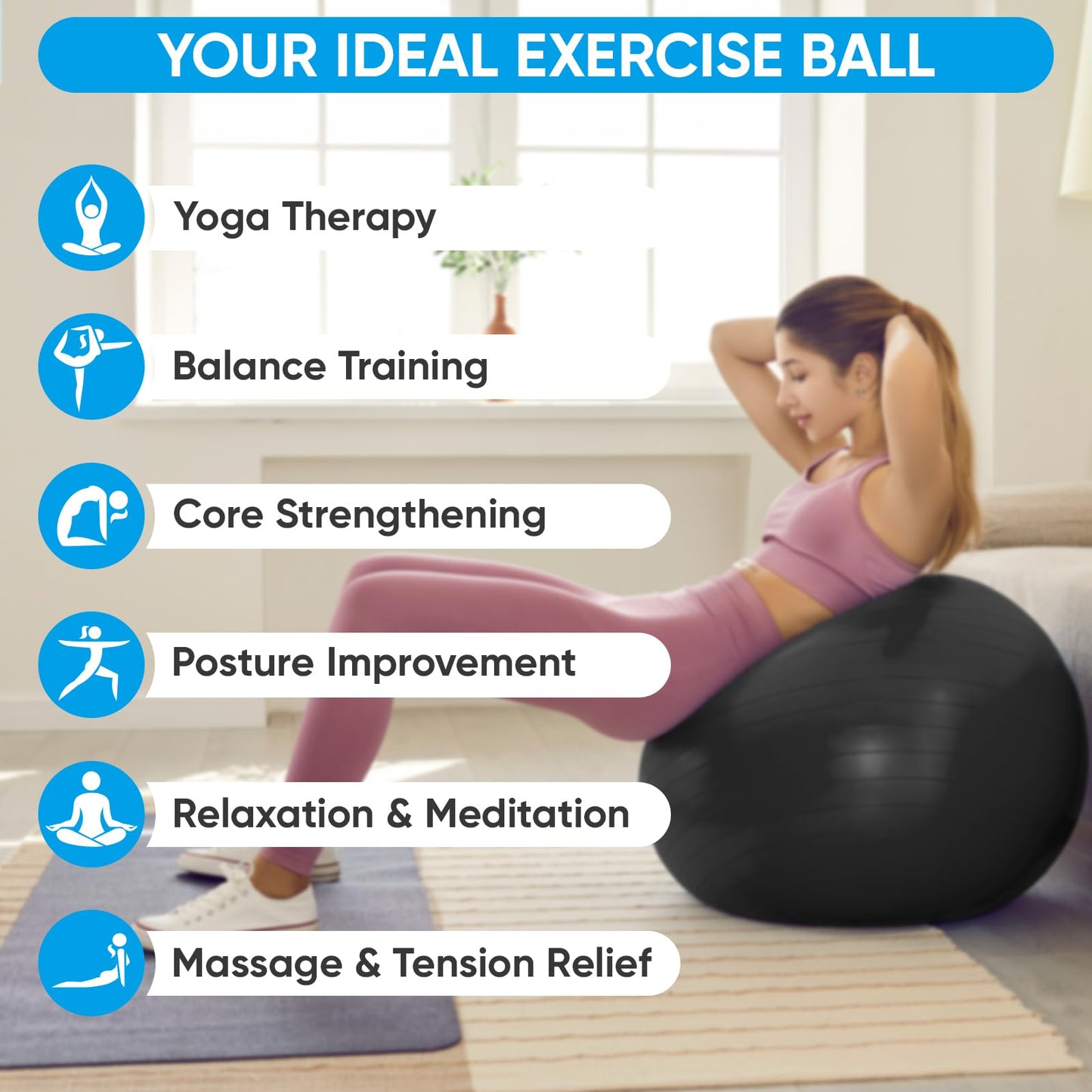 APEXUP Yoga Ball Exercise Ball, Anti Slip Stability Ball Chair, Heavy Duty Large Gym Ball for Fitness, Balance, Core Workout and Physical Therapy (S (15"~18") 45cm, Black)
