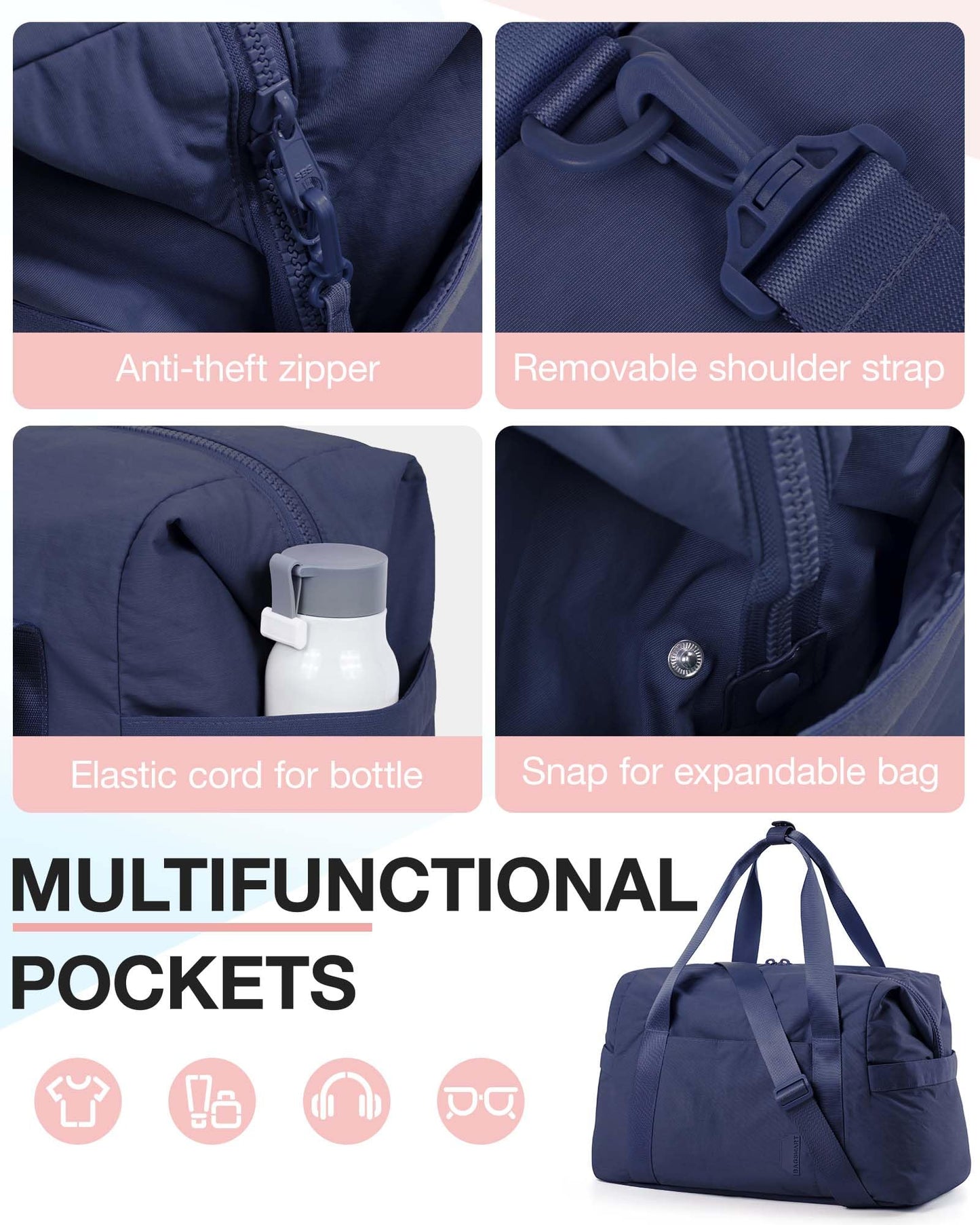 BAGSMART BAGSMART Gym Bag for Women, Carry on Weekender Overnight Bag, Travel Duffel Bags with Trolley Sleeve, Personal Item Travel Bag Tote Bag Workout Dance Bag, Dark Blue-34L