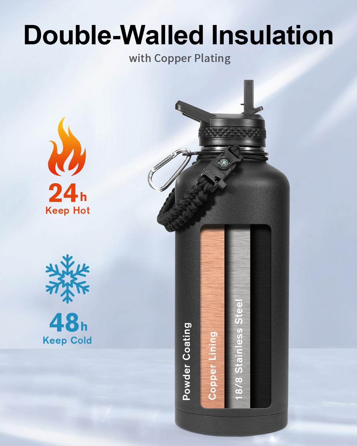 Trebo Water Bottle 87oz with Paracord Handle, Half Gallon Food-grade Double Wall Vacuum Stainless Steel Insulated Jug with Straw Spout Handle Lids, Leakproof Keep Cold & Hot,Black