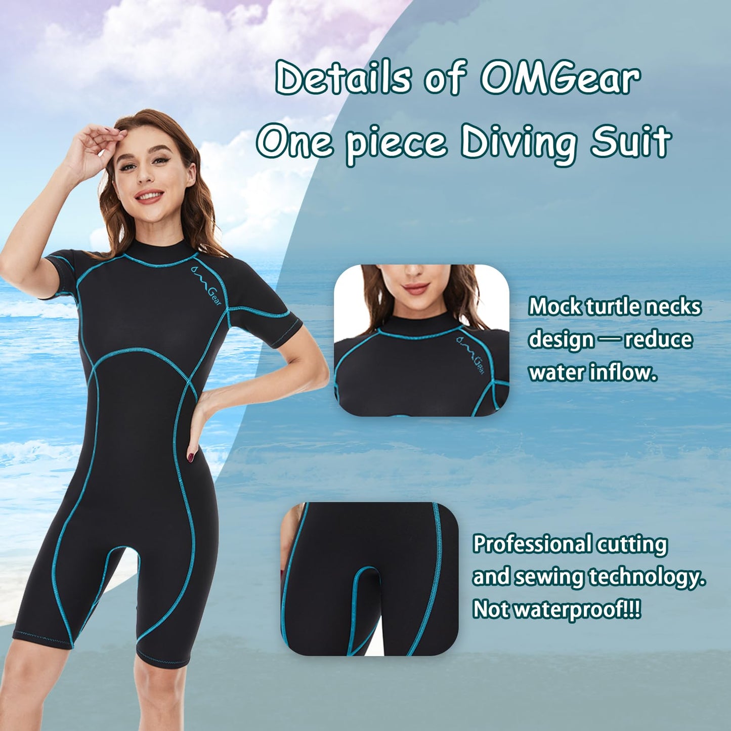 OMGear Wetsuit Women Men 3mm Neoprene Dive Wet Suit for Cold Water Short Thermal Swimsuit for Adults Snorkel Suit for Snorkeling Scuba Diving Swimming Surfing(Wathet,M)