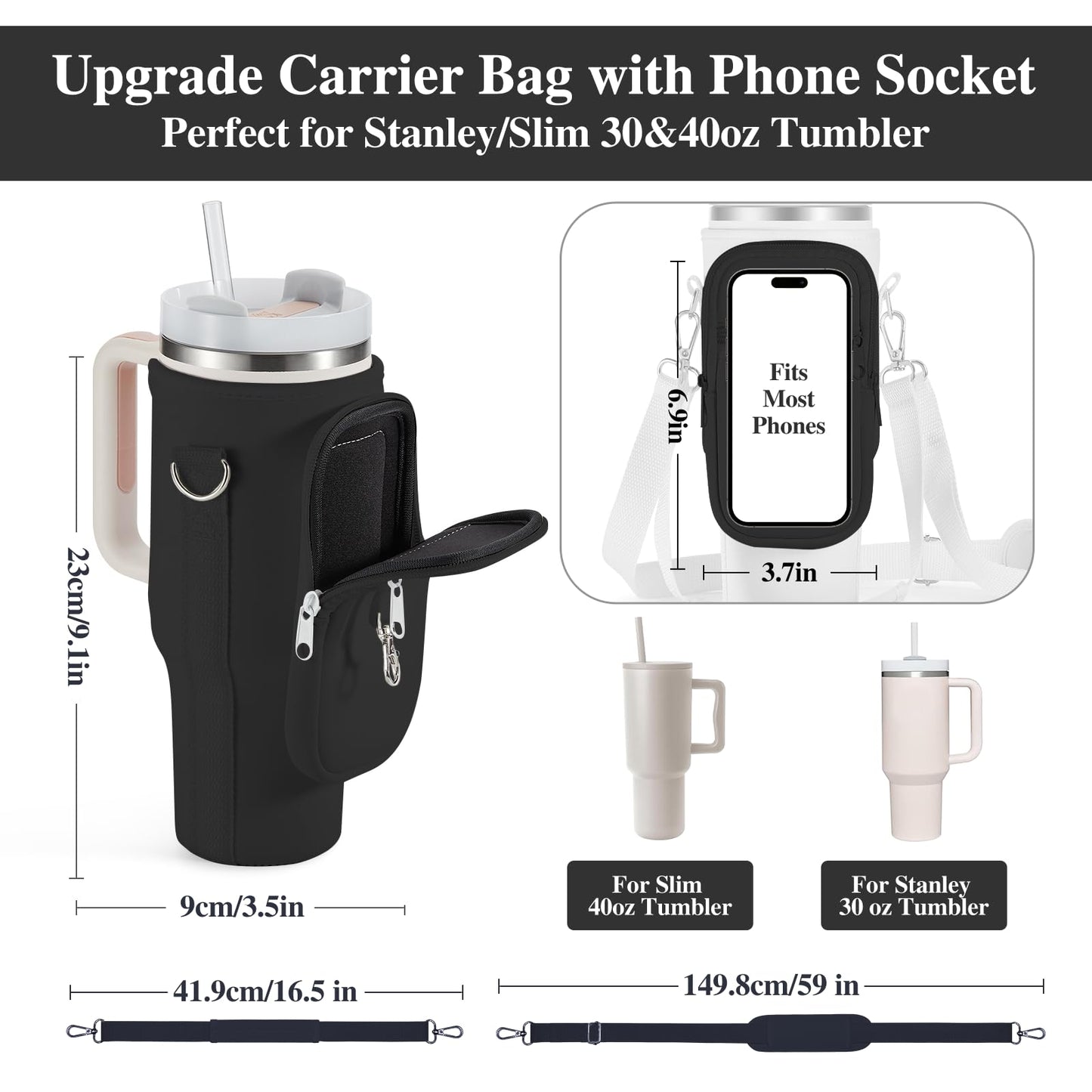 linmaya Water Bottle Carrier Bag with Phone Pocket for Stanley Cup 40/30oz,Insulated Neoprene Water Bottle Holder Cross-boday Bag with Adjustable Shoulder & Handheld Strap Stanley Cup Accessories