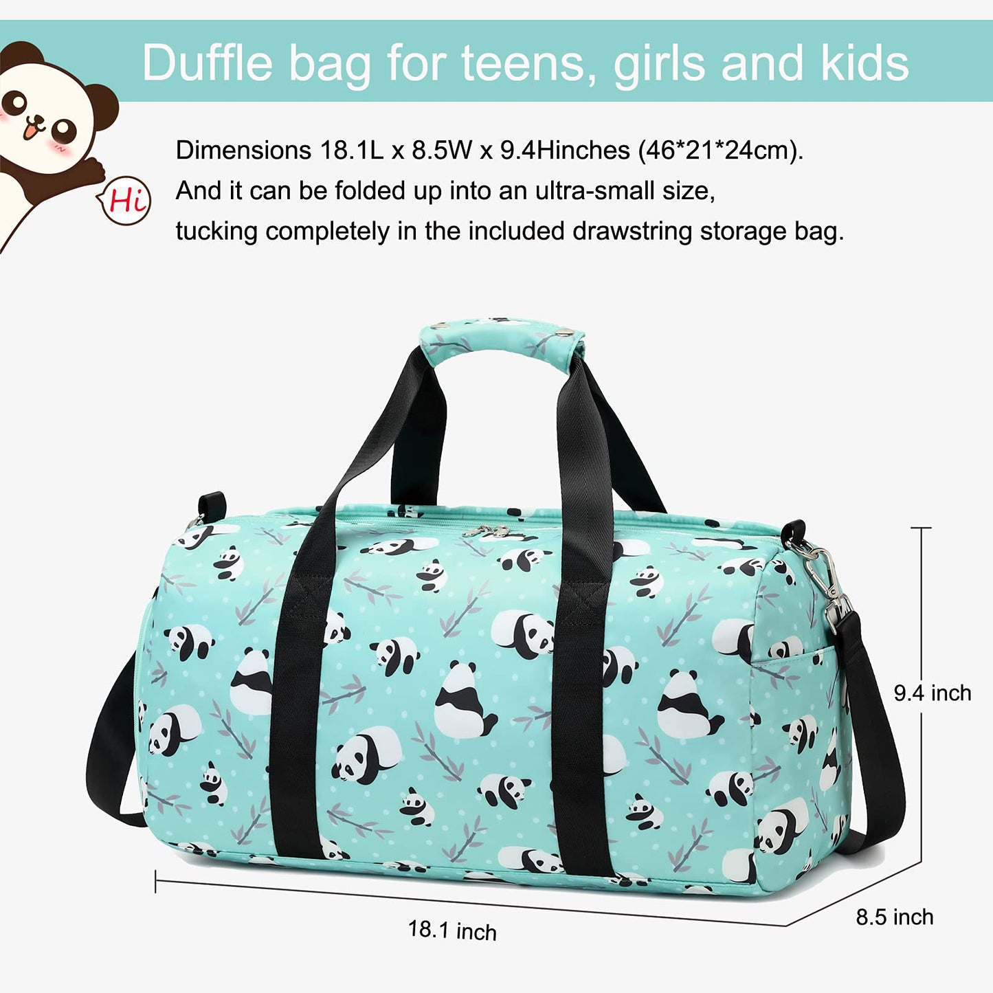 Octsky Sports Gym Bag Teens Dance Bag Gymnastics Bag Panda Weekender Bag with Shoe Compartment and Wet Pocket