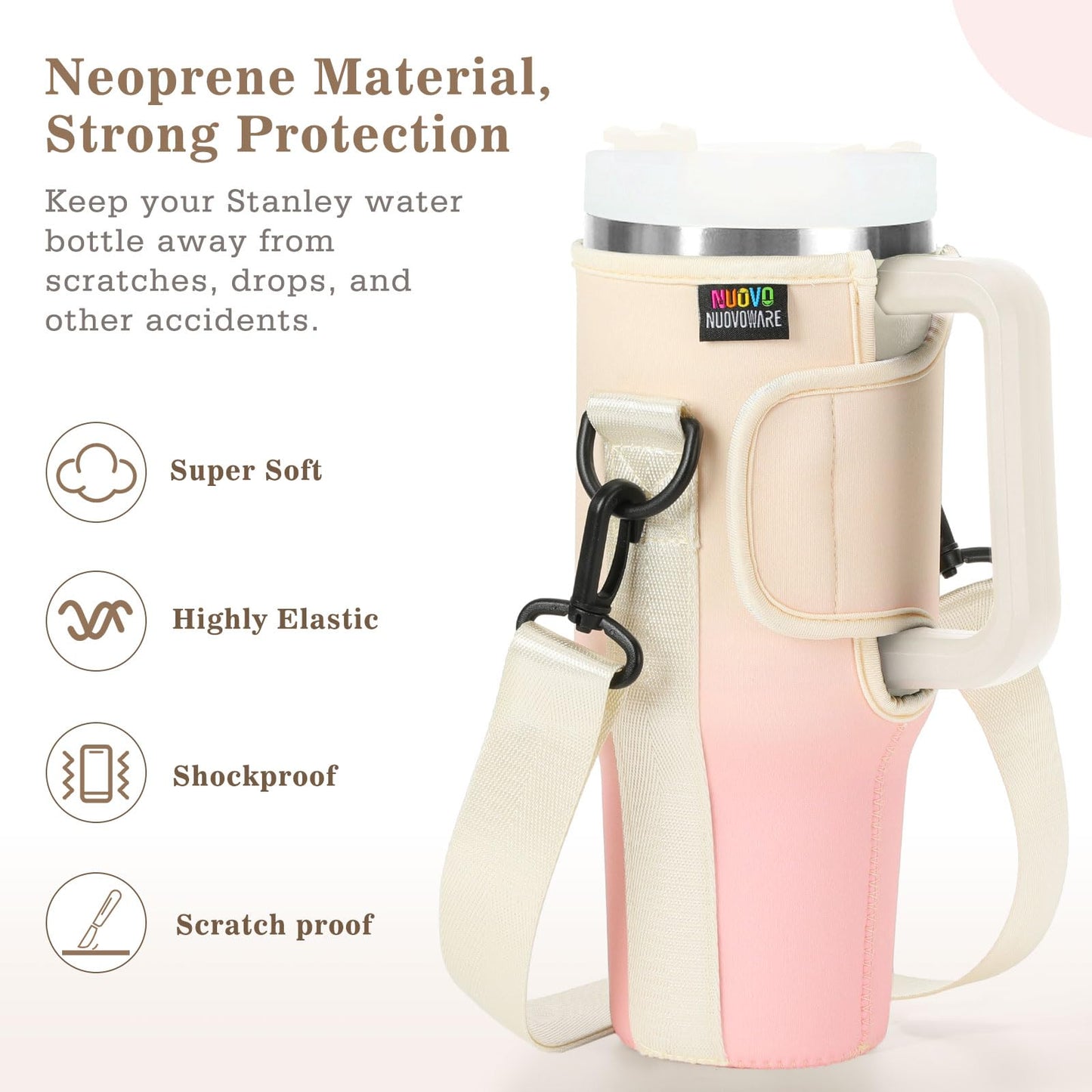 Nuovoware Water Bottle Carrier Bag Fits Stanley 40 Oz Tumbler With Handle, Water Bottle Bag With Adjustable Shoulder Strap, Water Bottle Holder Stanley Water Bottle Accessories, Gradient Pink white