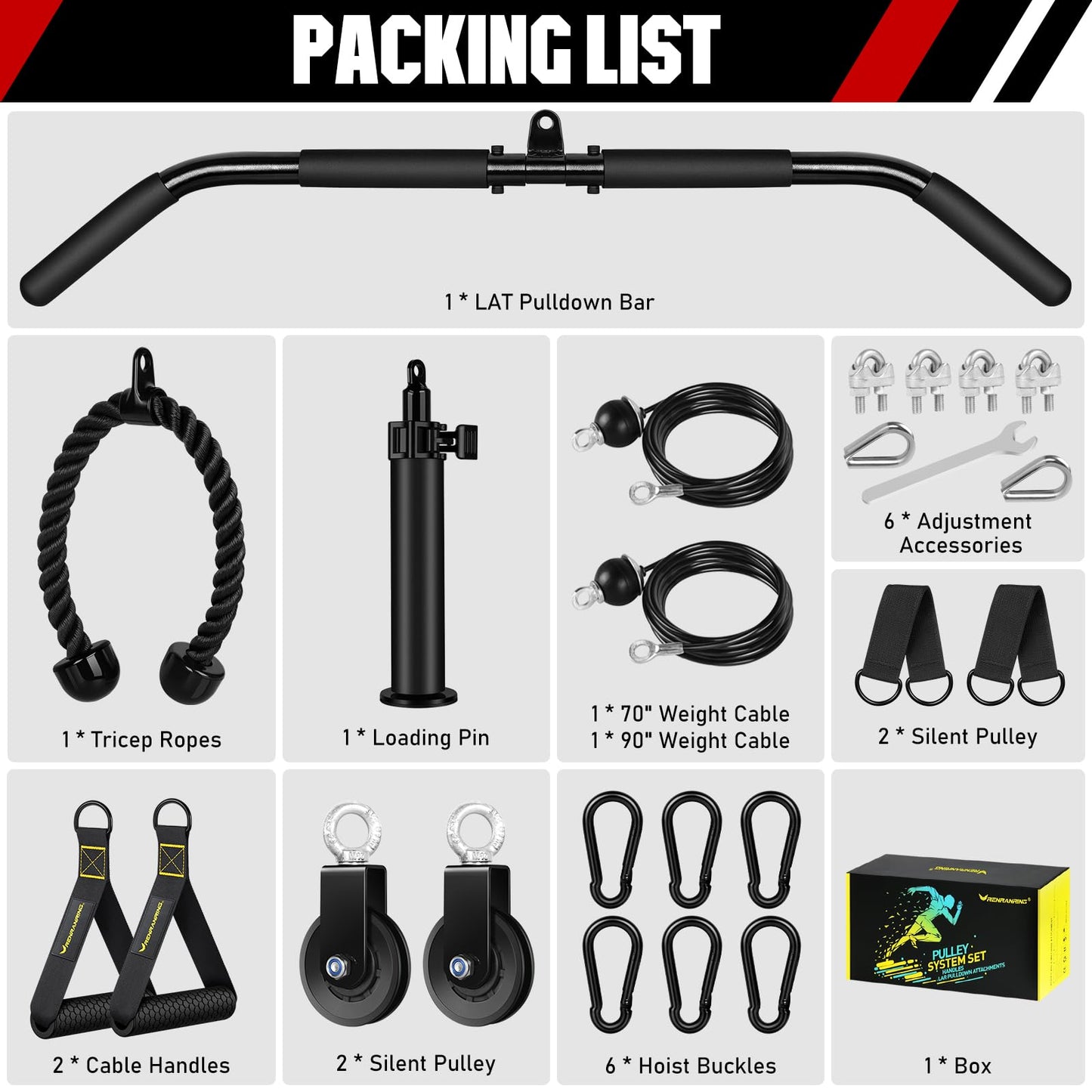 RENRANRING Weight Cable Pulley System Gym, Upgraded Cable Pulley Attachments for Gym LAT Pull Down, Biceps Curl, Tricep, Arm Workouts - Weight Pulley System Home Gym Add On Equipment